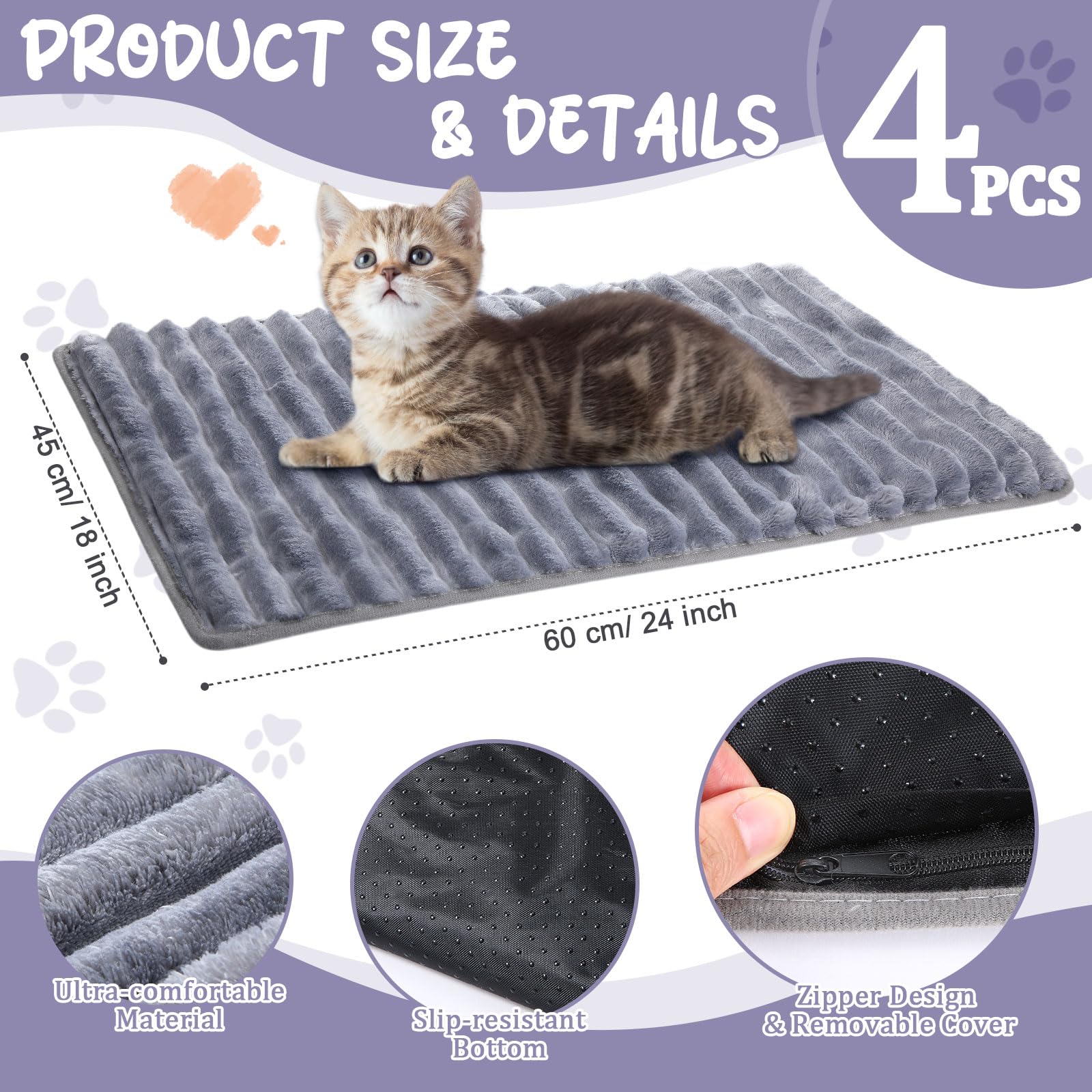 Nuanchu Selbstwärmendes Katzenbett, selbstheizend, 45,7 x 61 cm, selbstheizend, extra warm, thermische Haustierunterlage für drinnen und draußen, mit abnehmbarem Bezug, rutschfeste Unterseite, 4 Stück