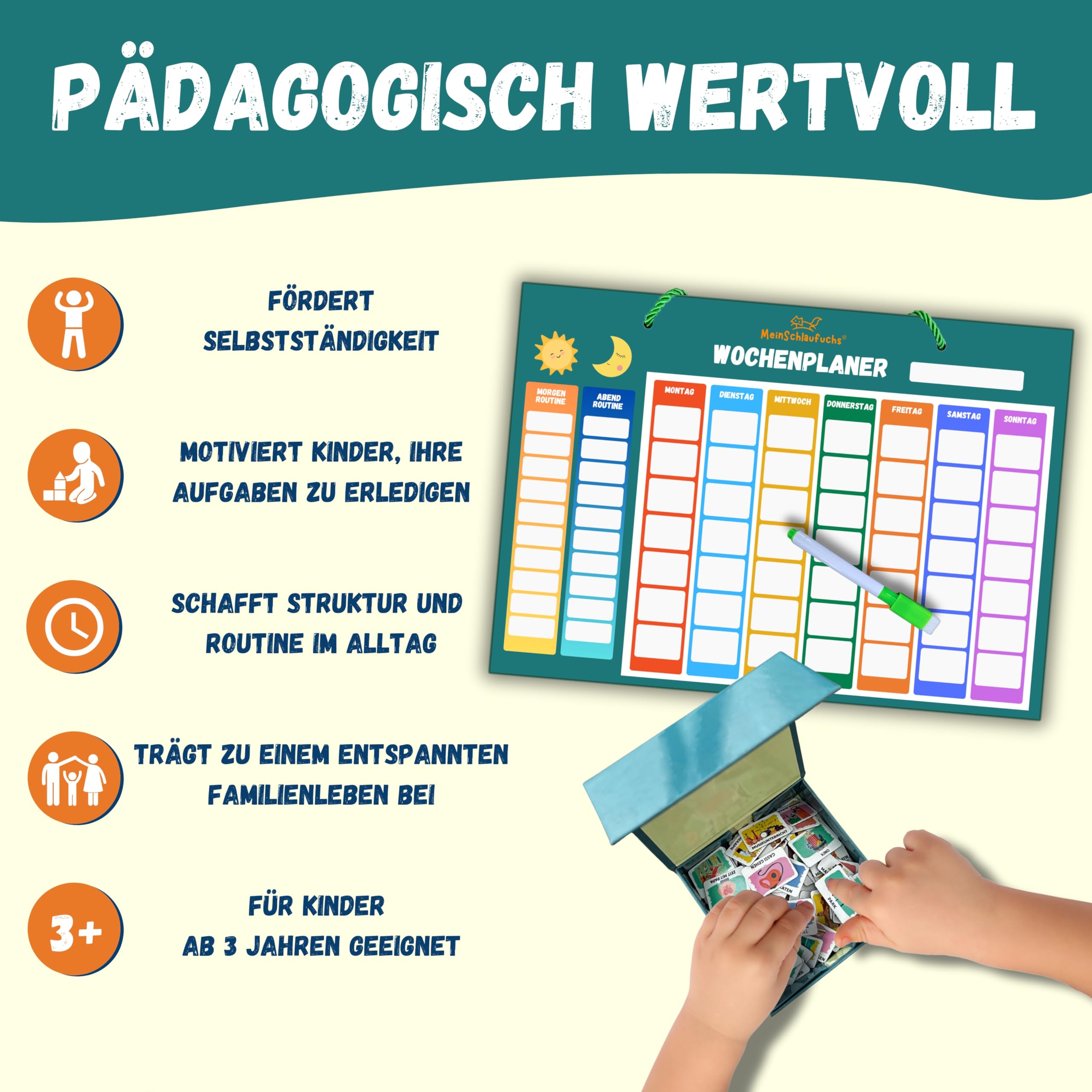 Montessori, agenda settimanale per bambini, lavagna magnetica con 250 magneti, scatola portaoggetti, cordoncino e penna, scrivibile e lavabile, agenda di routine per bambini (verde)