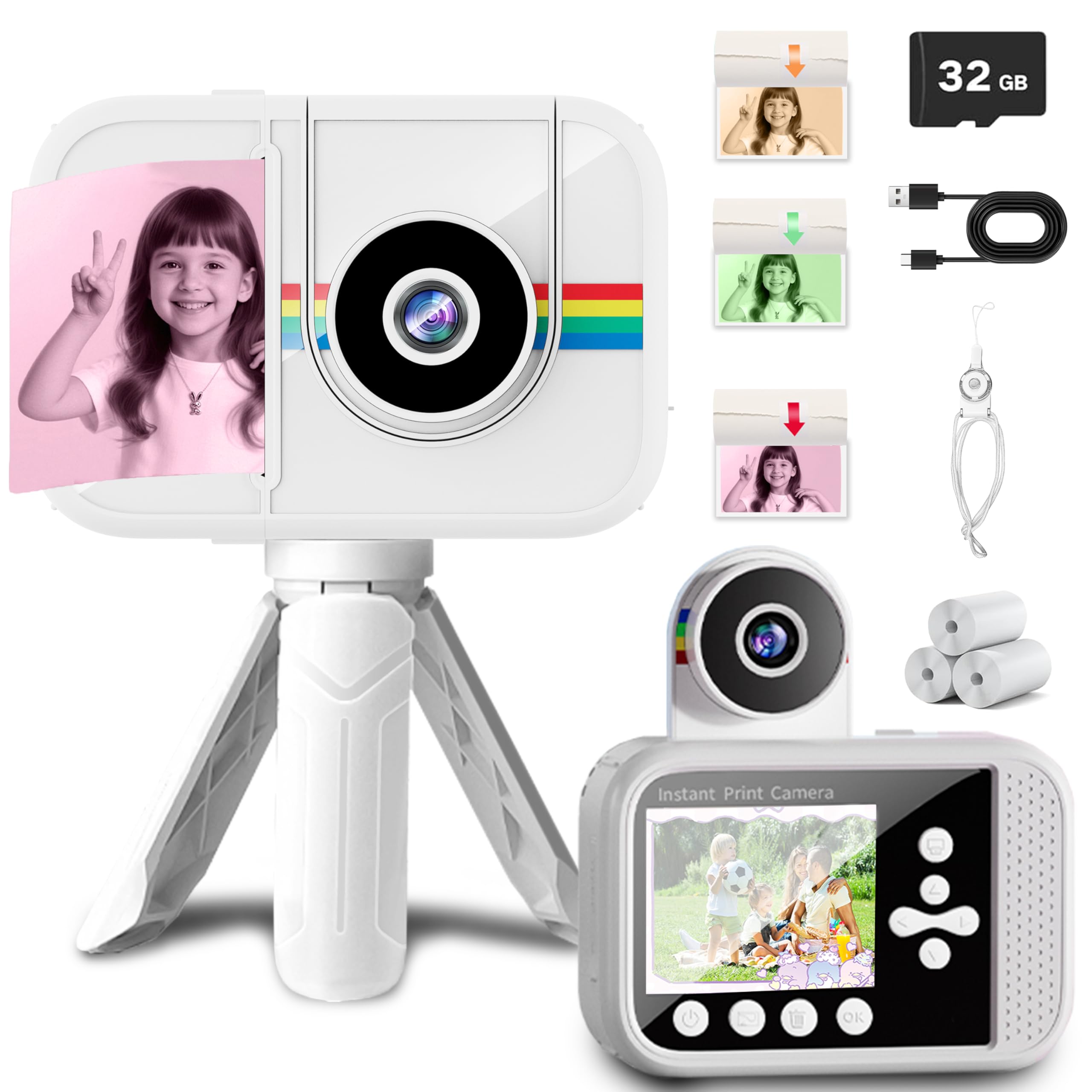 Kids Camera Instant Print,Kids Digital Camera with 3 Color Print Paper,32GB & Mini Tripod,48MP & 1080P Video Christmas Birthday Gifts for Girls and