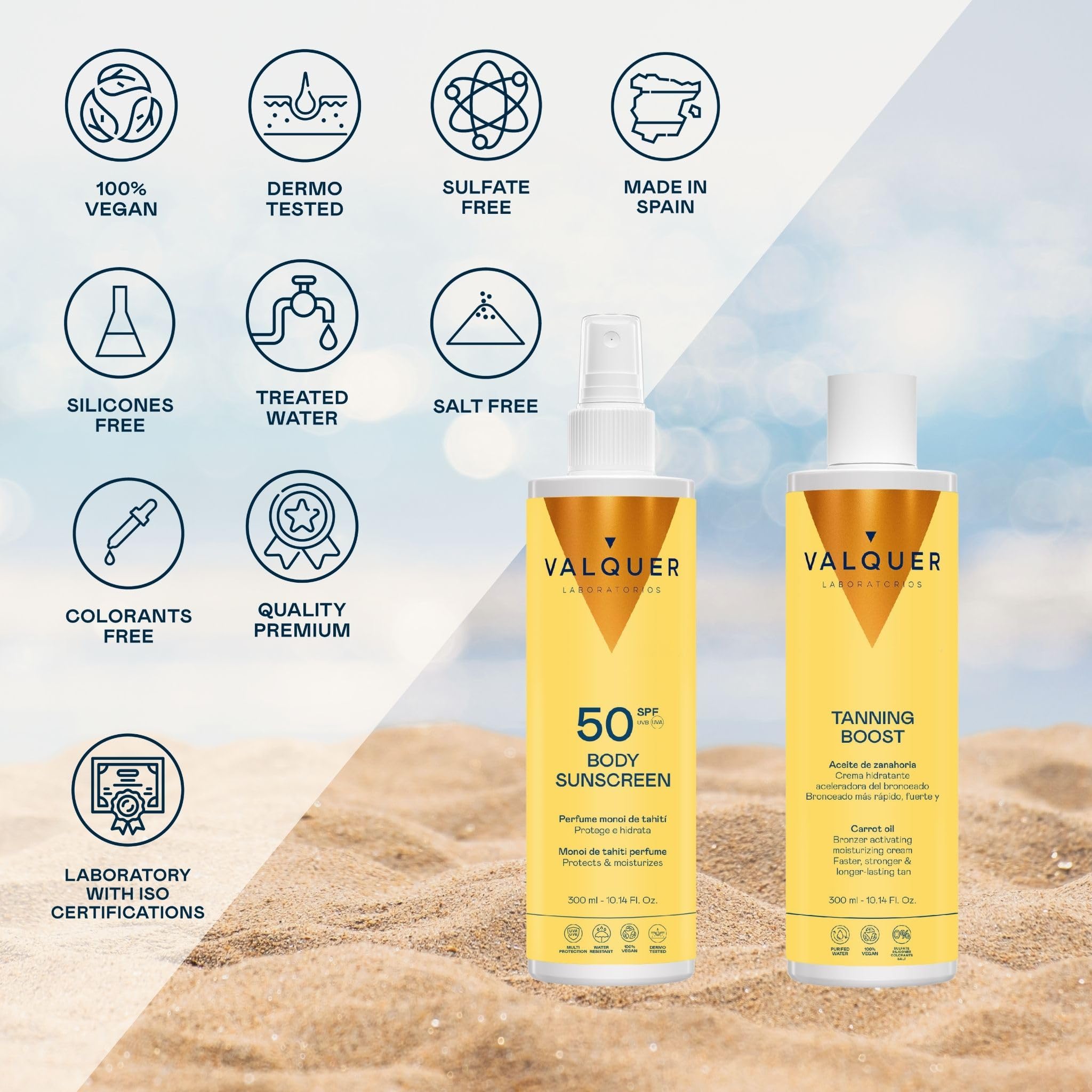 Valquer Pack Solar Corporal Protector 300 ml y Crema Aceleradora 300 ml | Protección SPF 50 Proporciona una Piel Bronceada, Hidratada y Suave | Aroma Monoi de Tahití | Vegano