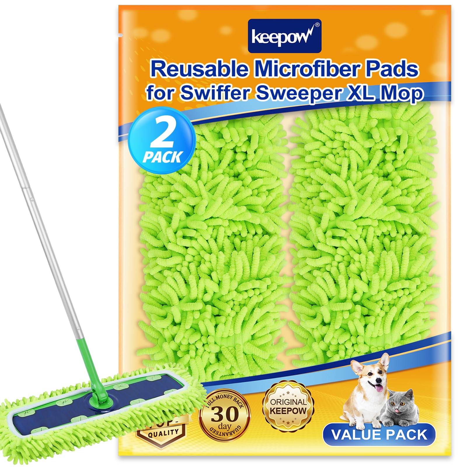 KEEPOWReusable XL Mop Pads Compatible with Swiffer XL Sweeper, X-Large Dry Sweeping Cloths & Wet Mopping Cloths, Washable Microfiber XL Wet Pads Refills for Surface/Hardwood Floor Cleaning, 2 Pack