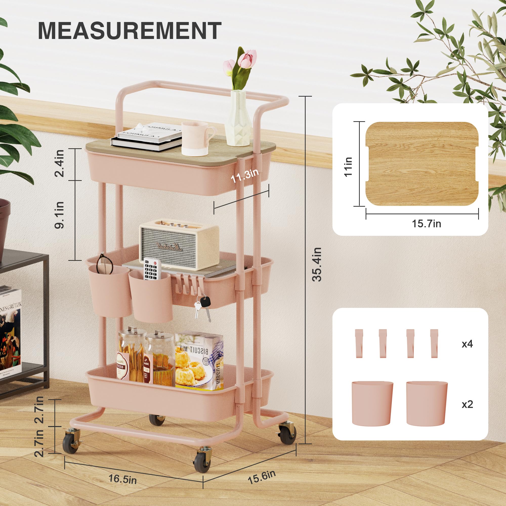 DTK Carrello a 3 ripiani con coperchio e maniglia e ruote di bloccaggio, carrello da cucina con 2 cestini piccoli e 4 ganci per bagno, ufficio, balcone, soggiorno, colore: rosa