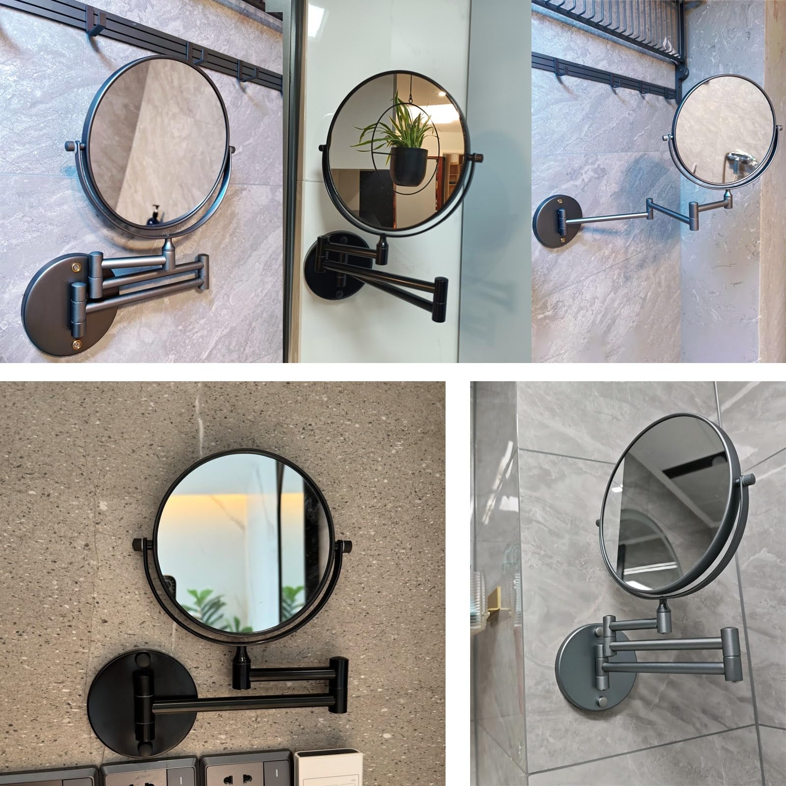 Espejo De Maquillaje Montado En La Pared De 8 Pulgadas con Aumento De 5X Y Brazo Extensible, Doble Cara con Mecanismo Giratorio De 360 Grados(Grey)