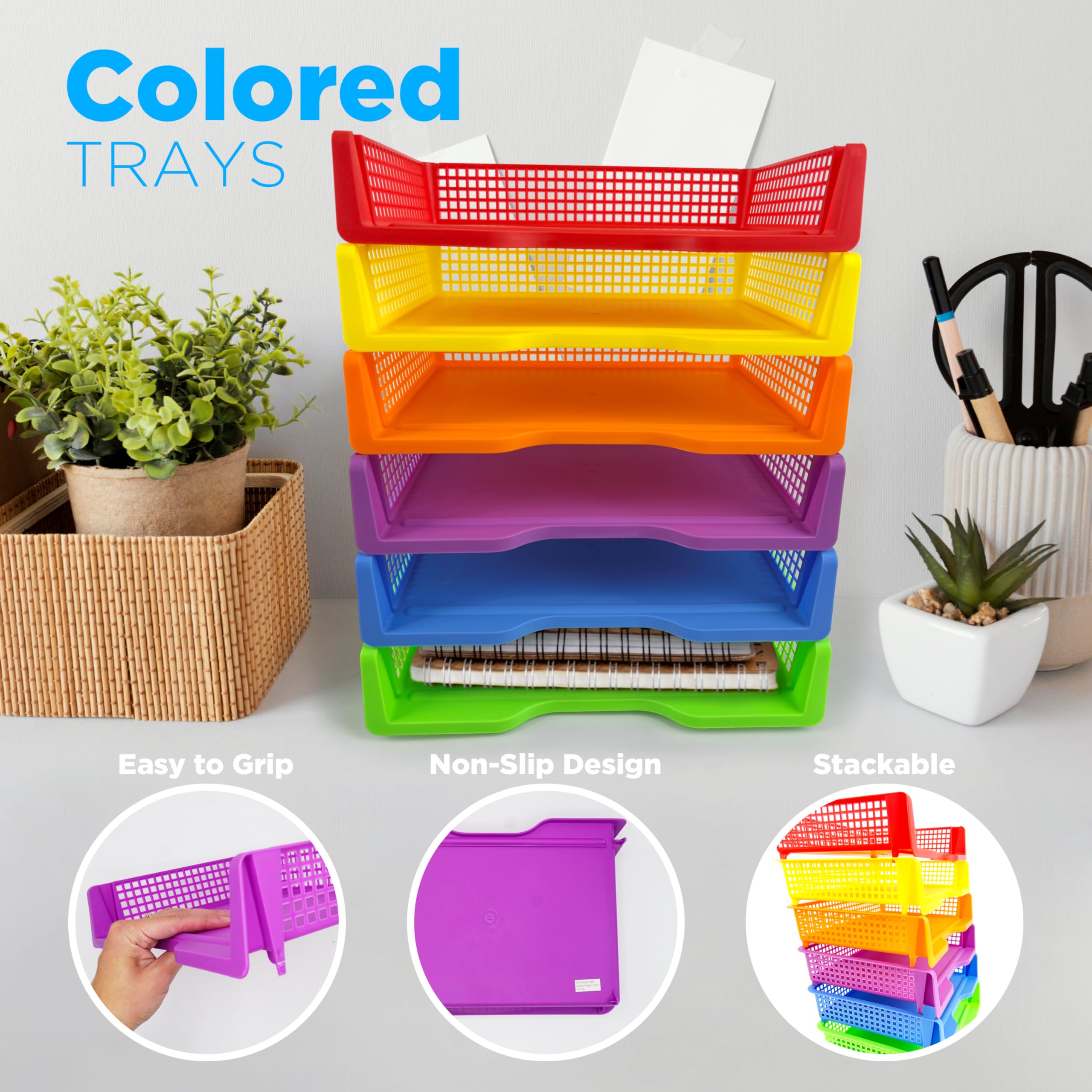 4E's Novelty 6 vassoi colorati in plastica per insegnanti, vassoi durevoli da girare, organizer per carta in classe, cestini impilabili per scrivania da ufficio, forniture per organizzazione in