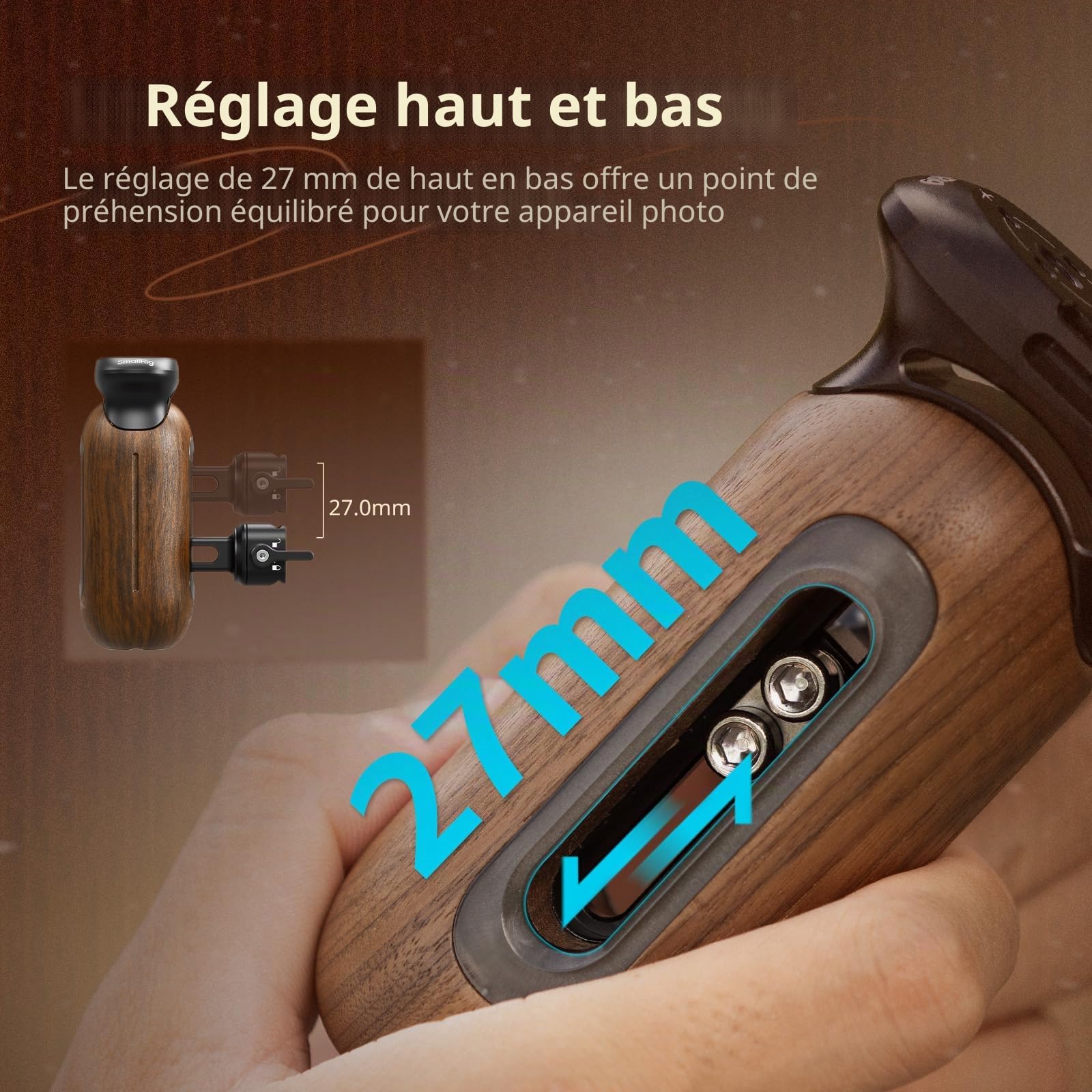 SMALLRIG Poignée Latérale en Bois pour Cages d'Appareil Photo avec Pince OTAN, Poignée Ergonomique Côté Gauche ou Droit, Réglage Vertical Haut/Bas de 27 mm, Capacité de Charge de 15 kg - 5239