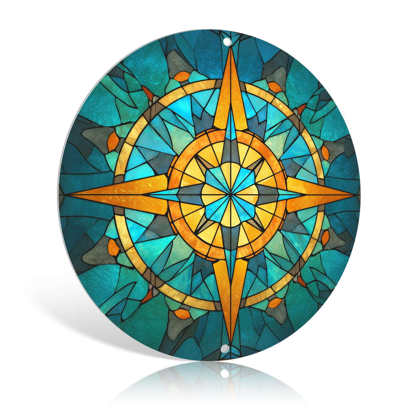 Stained Glass Retro Compass Round Metal Tin Sign 8x8 Inch Wall Hanging Plaques Poster Art for Bedroom Living Room Bathroom Man Cave Decor