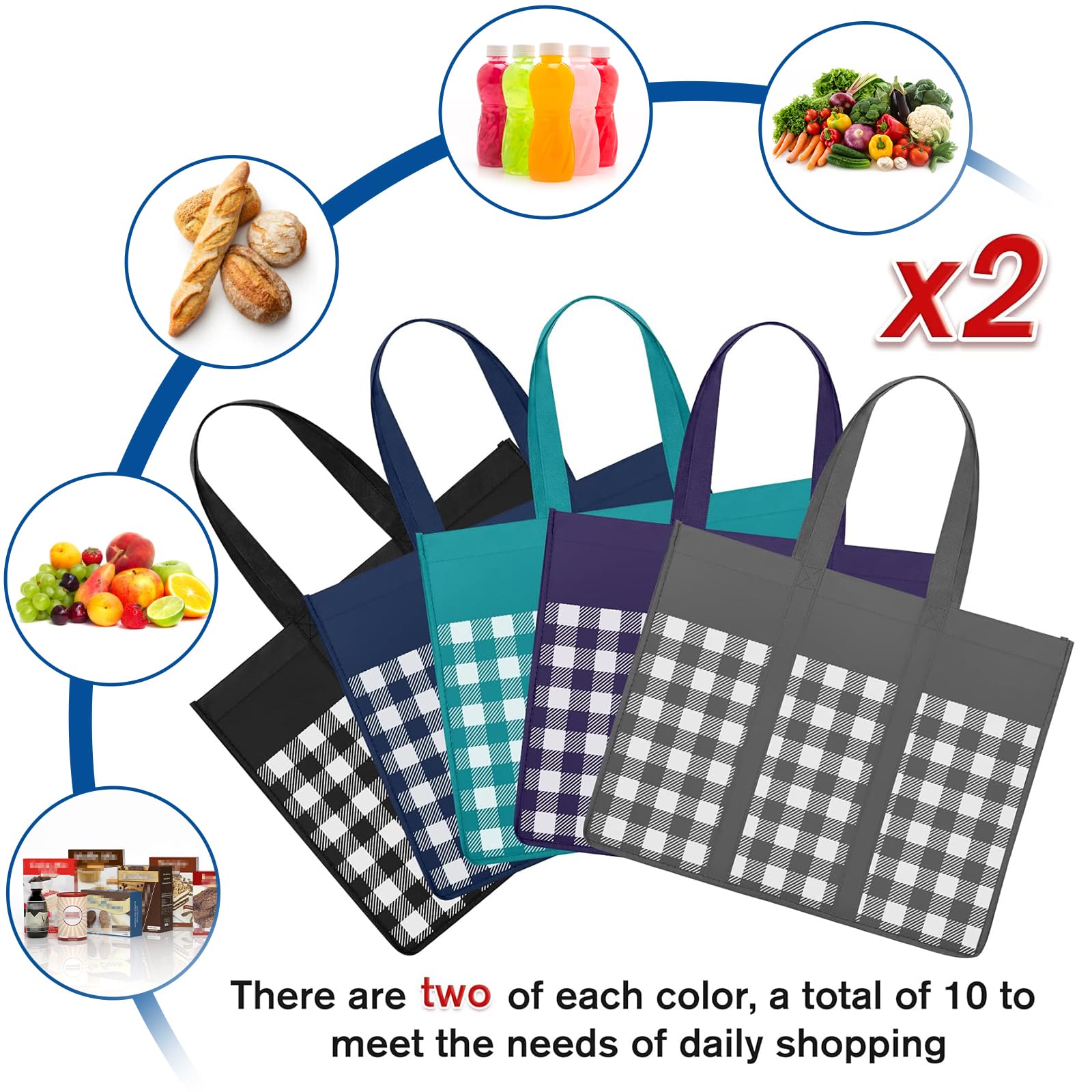 WISELIFE Bolsas de compras reutilizables para comestibles, paquete de 10 bolsas grandes plegables a granel, bolsas de productos ecológicos con mango largo para compras y ropa (cuadros A)