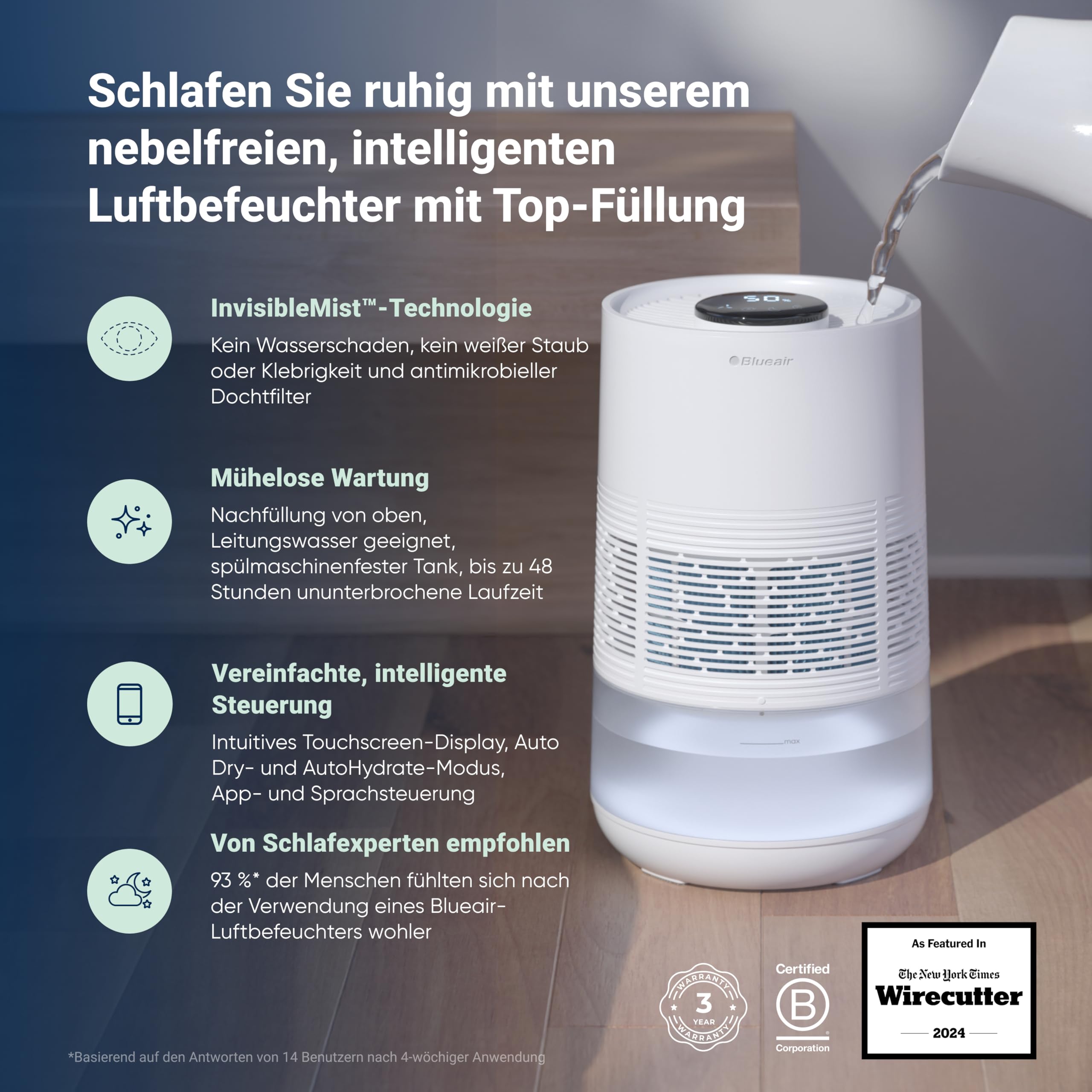 BLUEAIR Premium Smart Luftbefeuchter für Räume bis zu 46 m²: 3,5 l spülmaschinenfester Tank, besserer Schlaf dank Verdunstungstechnologie, Auto- und Nachtmodus