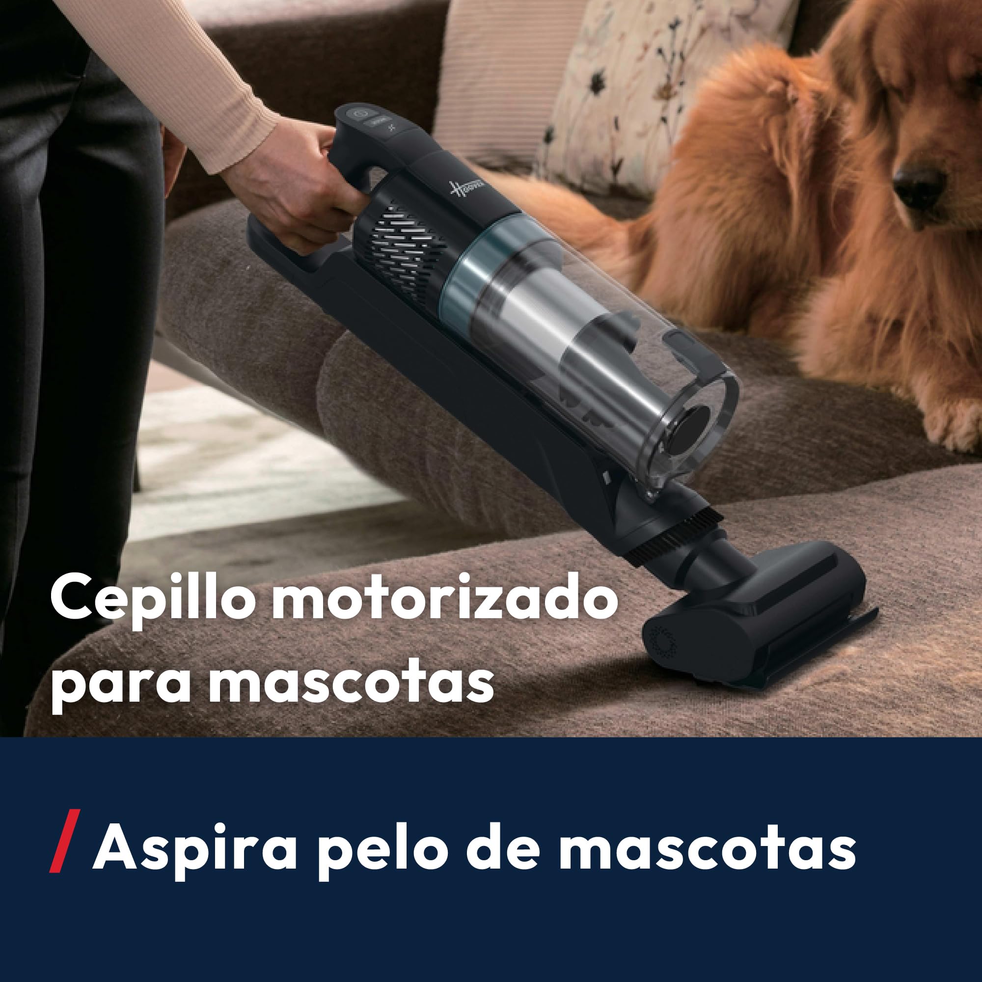 Hoover HF1 Core Pet Aspiradora Escoba Sin Cable | 50 Min de Autonomía | Cepillo Motorizado para Pelo de Mascotas en Sofás, 3 Modos, Cepillo Anti-Twist, Boquilla LED, QuickPark, 200W