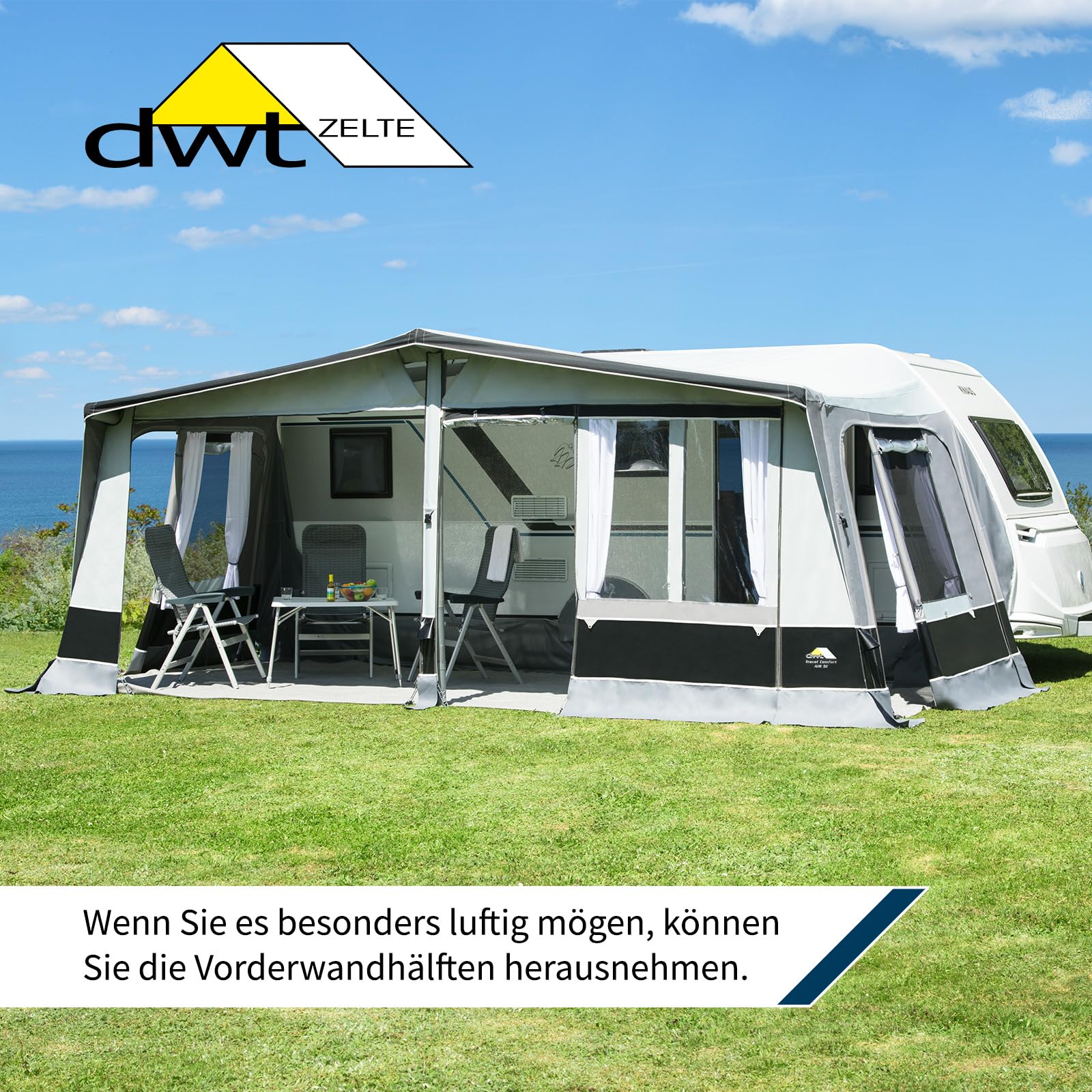 DWT aufblasbares Vorzelt für Wohnwagen - Travel Comfort Air - herausnehmbare Vorder- und Seitenwände - Ganzzelt 240 cm Tiefe - Air-In-System