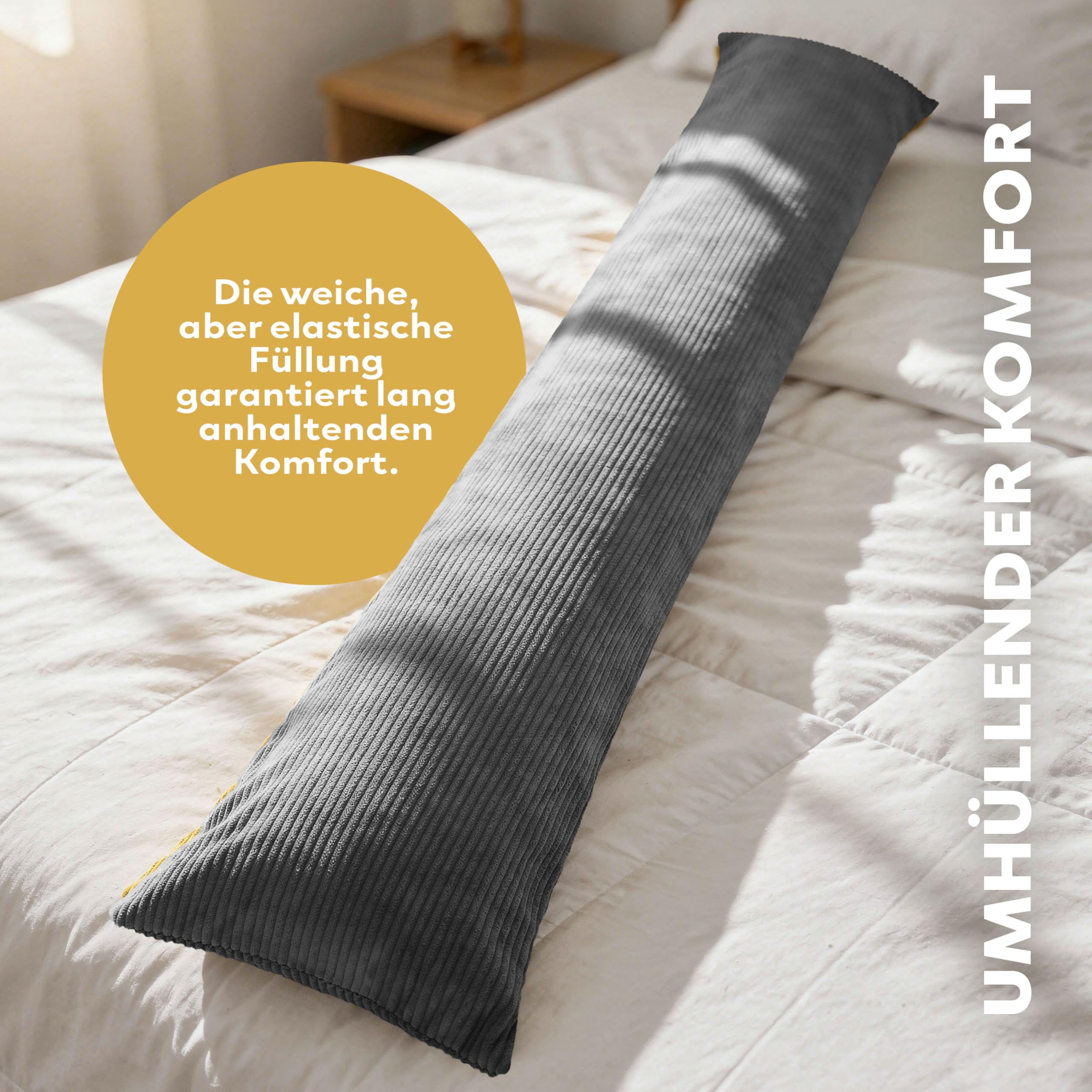 Premium Seitenschläferkissen 200 x 40 cm – Ergonomisches Körperkissen Bezug – anschmiegsam & atmungsaktiv – Allergikerfreundlich, waschbar (1, Dunkelgrau, 200 x 40 cm)