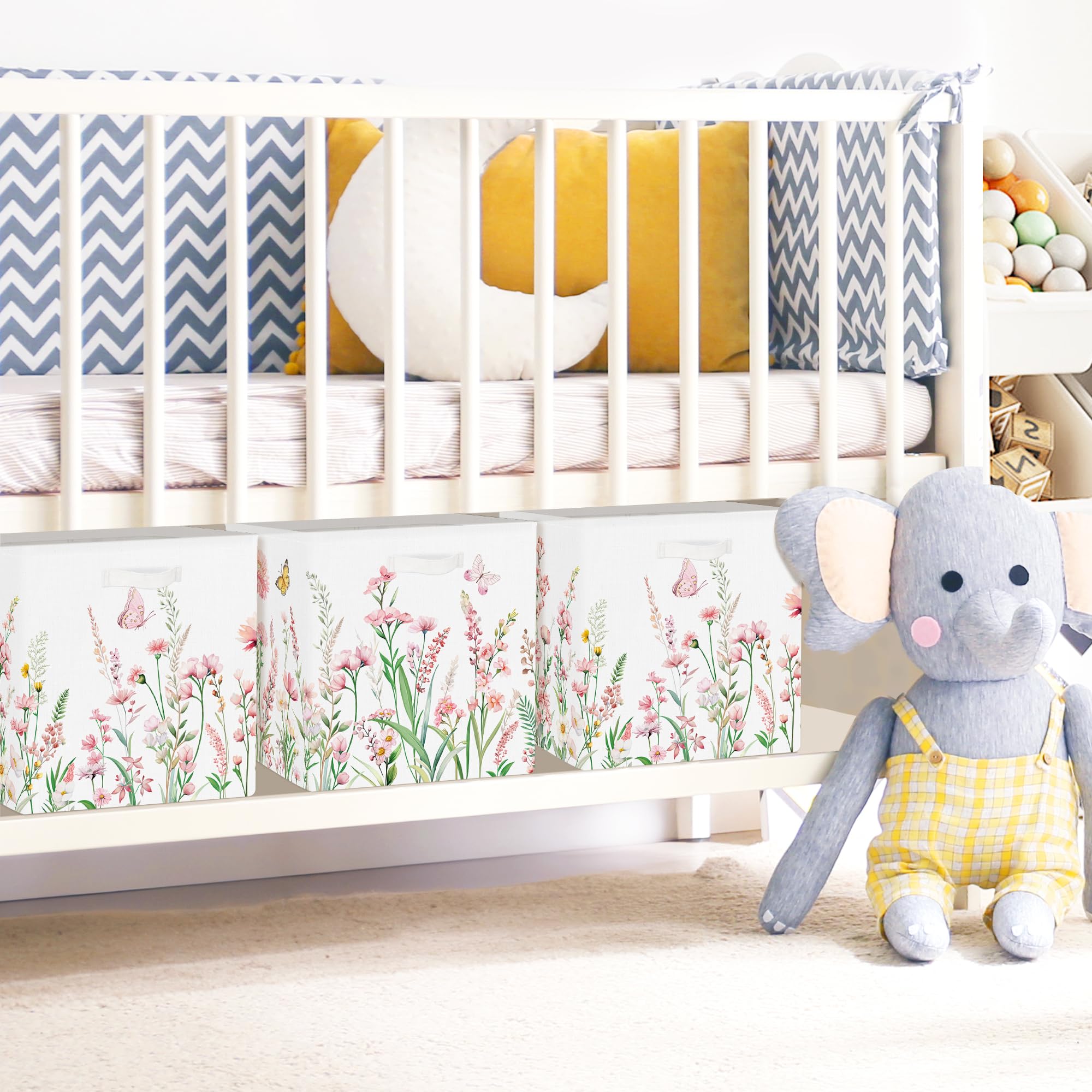 Lot De 3 Paniers De Rangement Tissu Fleurs Sauvages - 30x30x30 Cm, Pliables - Pour étagères Kallax, Salle De Bain, Chambre
