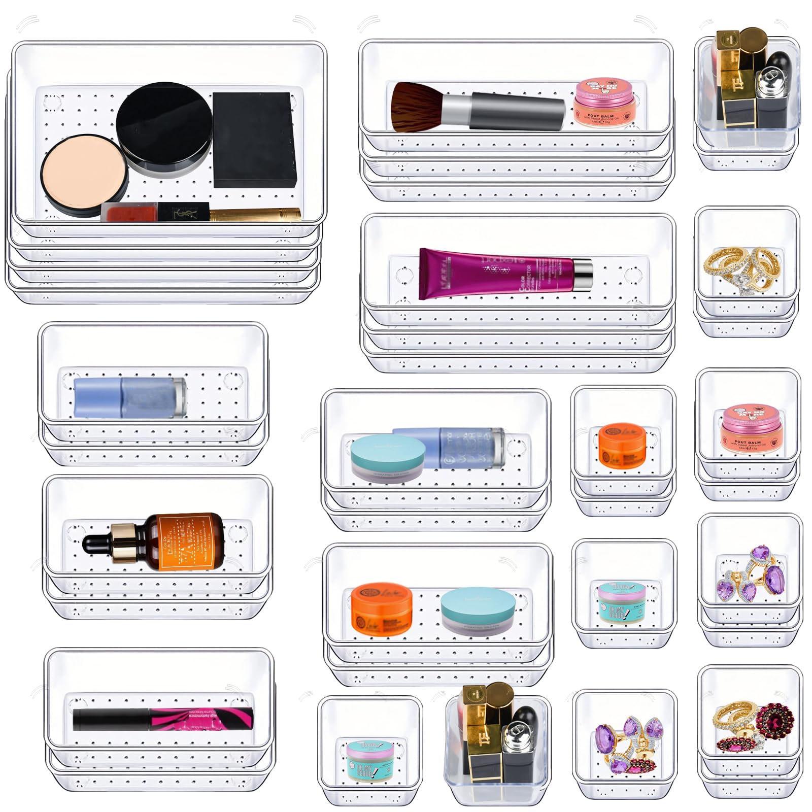 Organizzatore per cassetti da 36 pezzi con 4 misure, organizzatore per trucco, organizzatore per make-up, plastica trasparente, organizzatore per cassetti per scrivania, ufficio, cucina