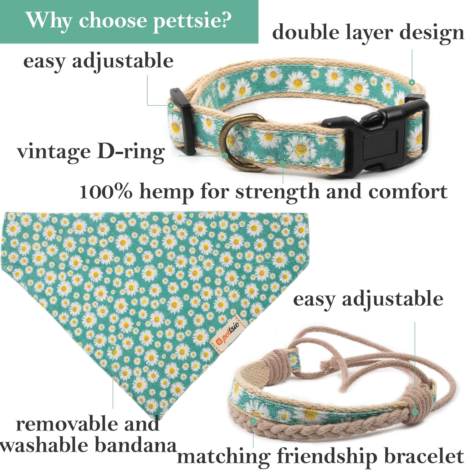 Pettsie Dog Bandana Collar with Matching Friendship Bracelet – Stylish & Adjustable Pet Bandana for Dogs, Durable Hemp, Soft & Comfortable, Secure D-Ring, Designed for Dog Owners, Small, Green
