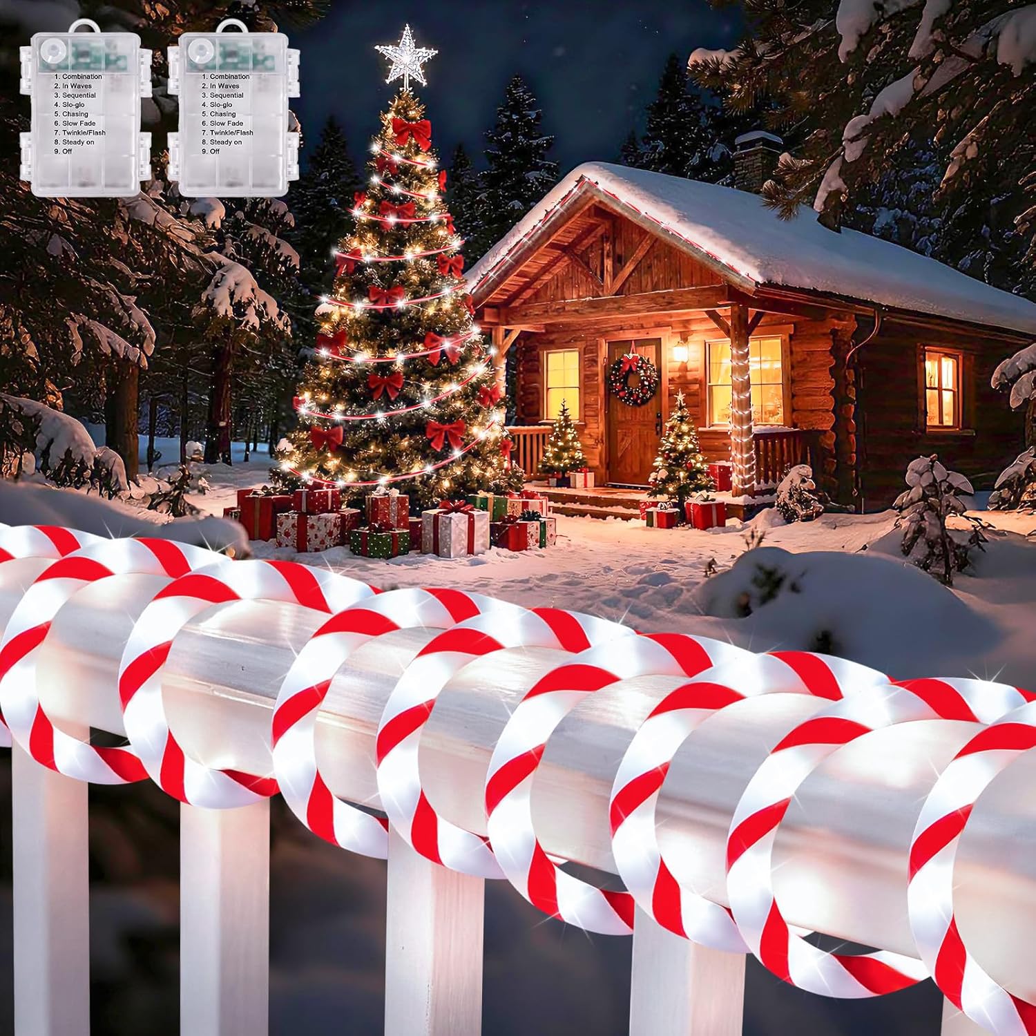 HELESIN 2PCS 110LED Candy Canes Rope Lights with 8 Lighting Modes, Candy Cane Christmas Lights Waterproof Christmas Lights Decoration for Party Garden Yard Halloween Holiday Tree Decoration 36FT