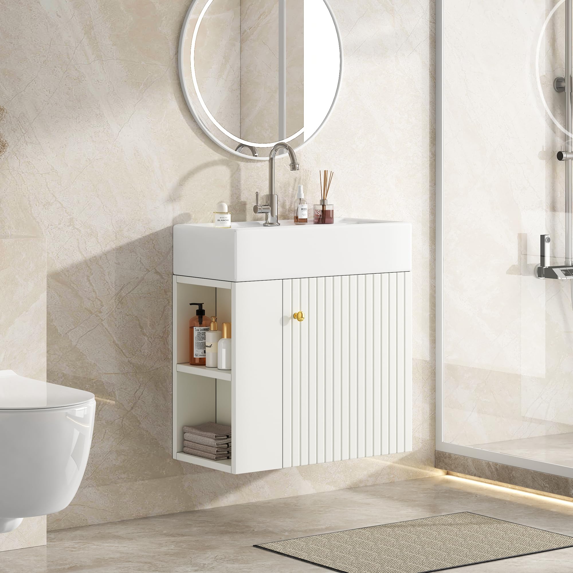 Lavabo per WC per gli ospiti, con mobiletto da 55 cm, mobiletto sospeso, piccolo mobile da bagno per gli ospiti, bianco