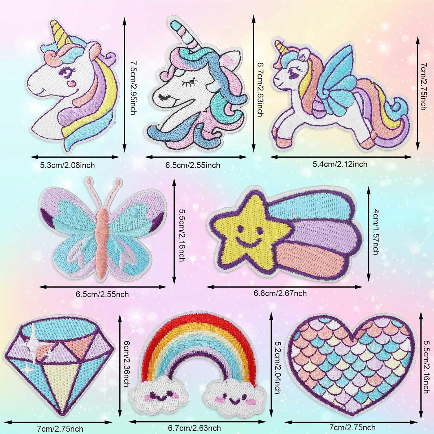 8pcs Dreamy Unicorn Iron On Patches for Girls, 8 Styles Embroidered Iron On Patches DIY Sew Applique Repair Cute Rainbow Heart Butterfly Diamond Patches for Kid Cloth Backpack Hat Jean Dress