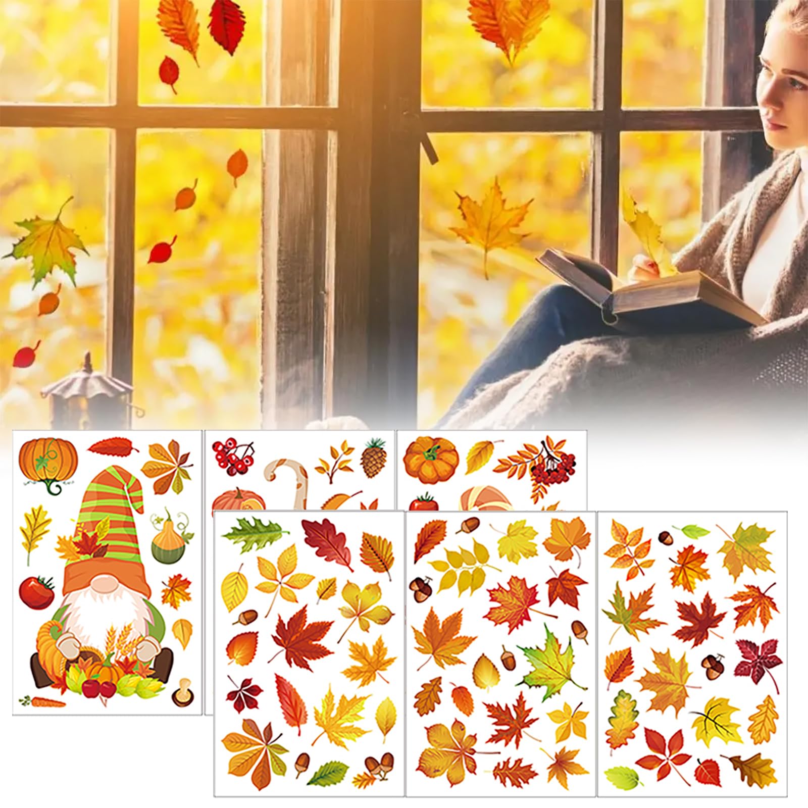 6 Blätter Herbst-Fensteraufkleber – Mit Ahorn, Kürbis, Mais, Selbstklebend, Doppelseitig Bedruckt, Für Erntedank & Deko