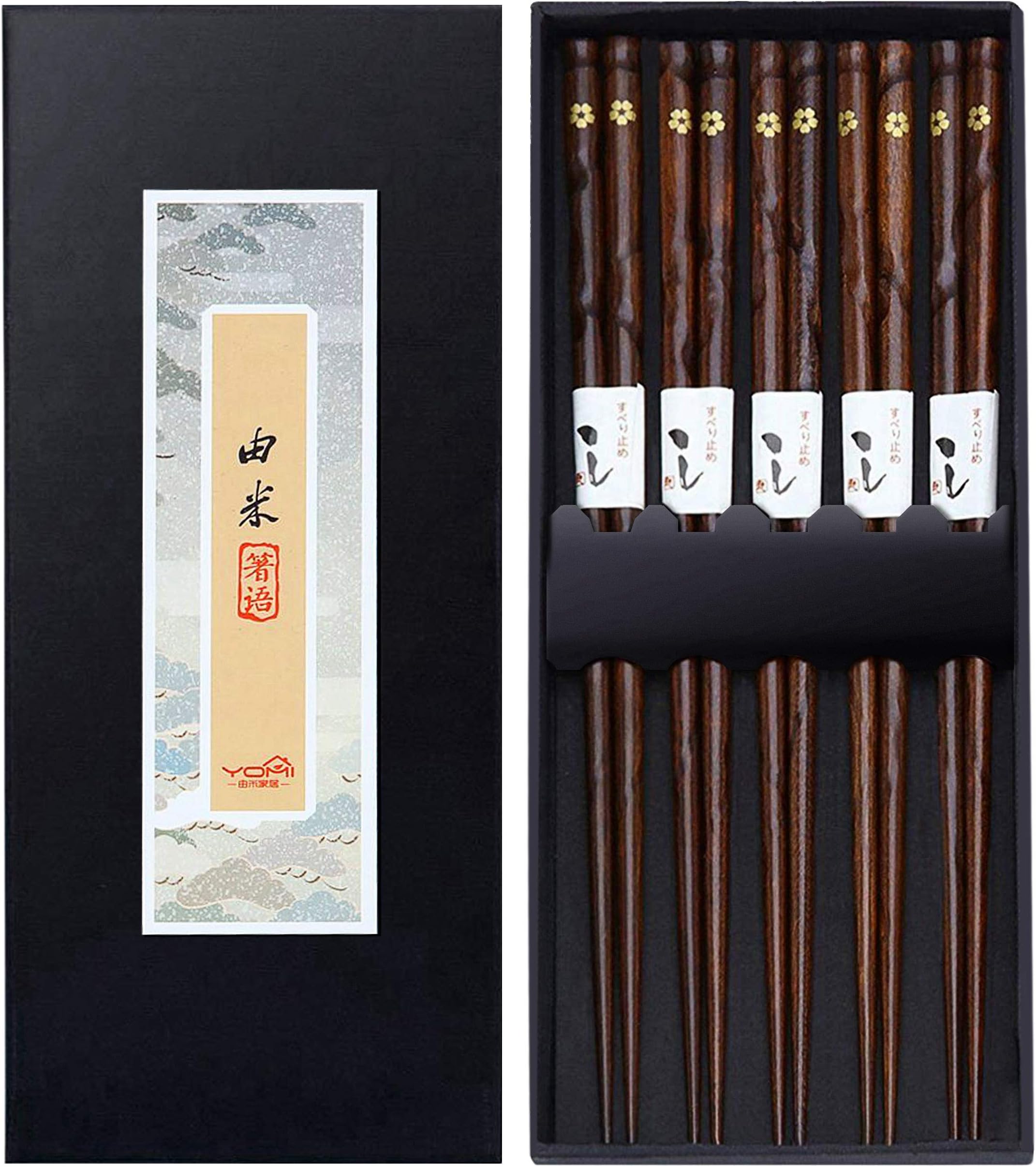 Omia 5 Pairs Premium Reusable Chopsticks Set - Natural Wood Japanese Chopsticks, Lightweight Easy to Use Chop Sticks with Case for Sushi, Noodles and Other Asian Food (Gold Flower)