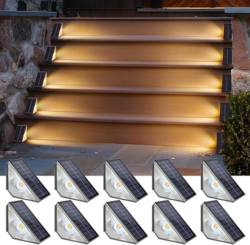 Paquete de 10 luces solares para escalones, luces LED para terrazas al aire libre, impermeables, IP67, iluminación solar para vallas, color blanco