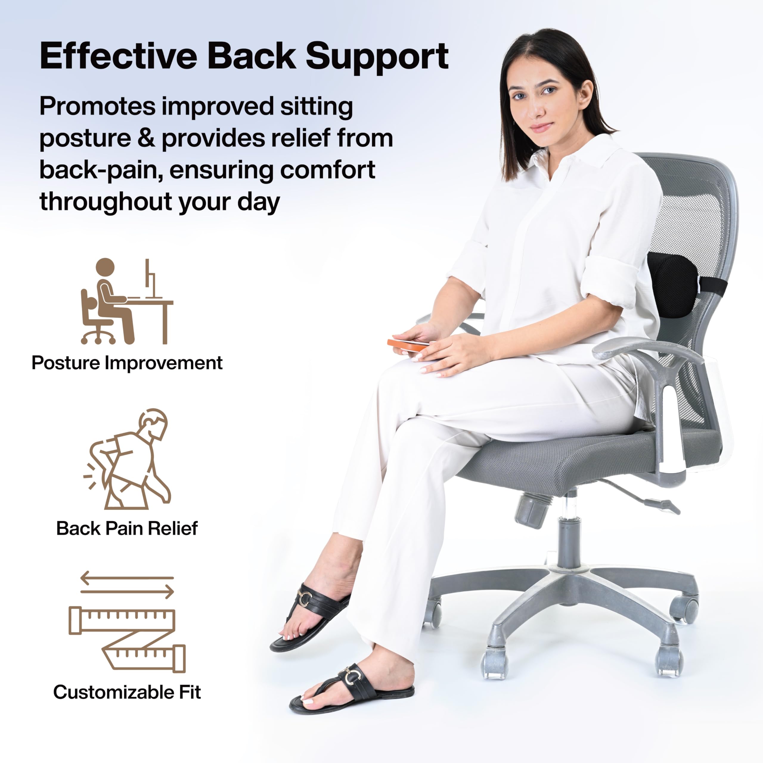 FOVERA Rollo de soporte lumbar para aliviar el dolor de espalda, cojín versátil para oficina, coche y viajes con correa ajustable, proporciona apoyo lumbar ideal, espalda y corrección de postura