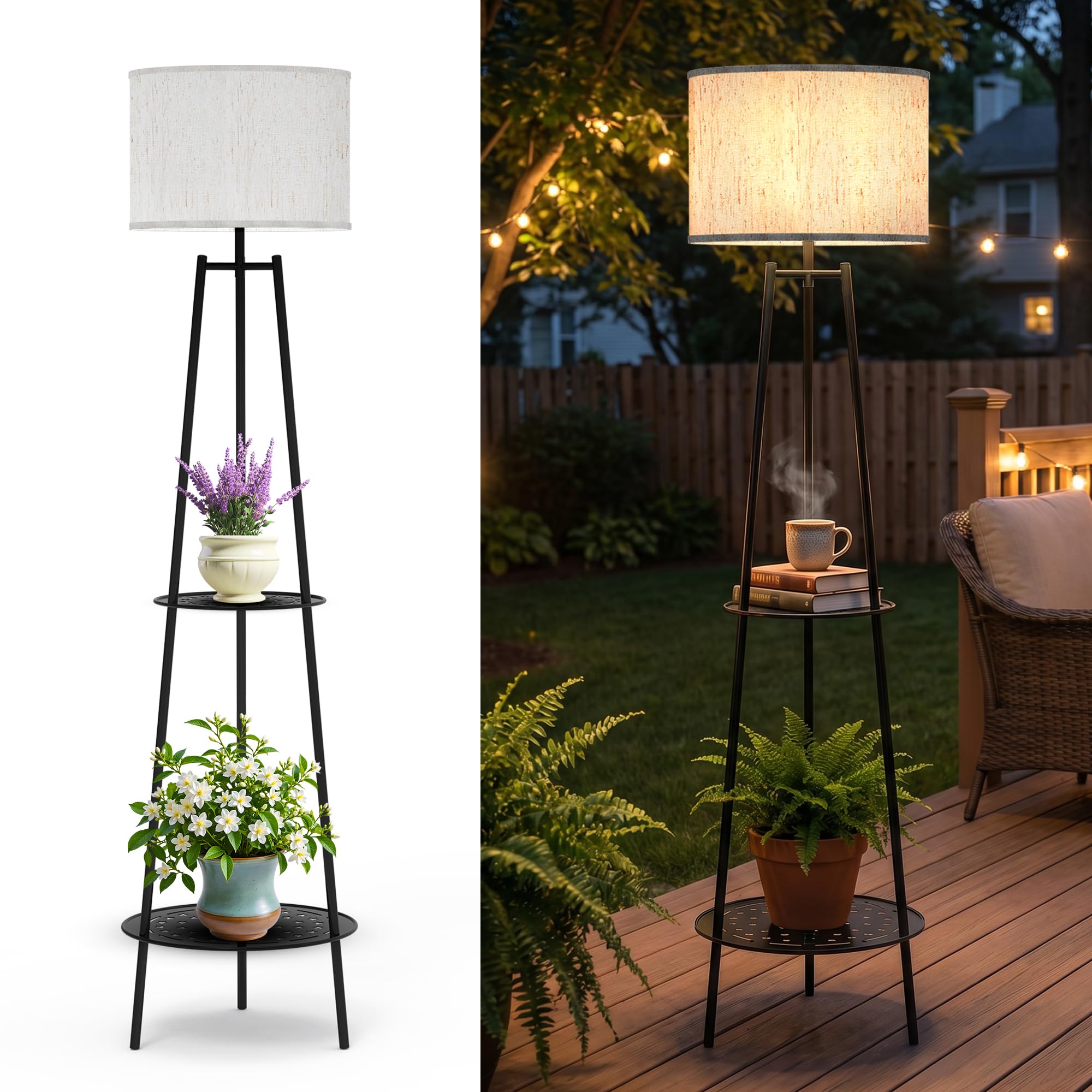 Photo 1 of Solar Outdoor Floor Lamp with Plant Shelves, Waterproof Solar Standing Lamp for Patio Porch Garden Yard, Auto On/Off Warm LED Floor Light with 2-Tier Plant Stand, Cordless Outdoor Decor Lighting