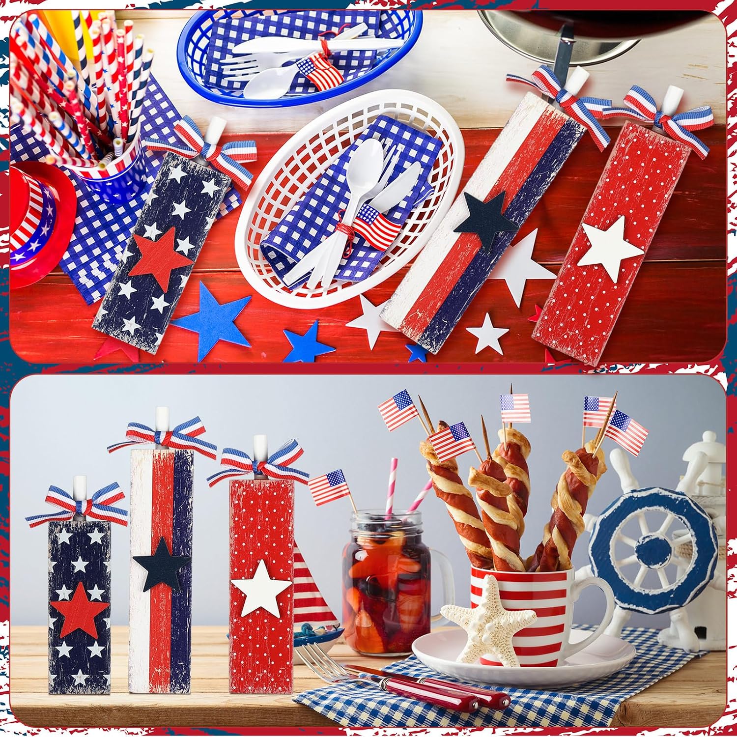 3 Pcs Patriotic 4th of July Table Decor 250th Anniversary Faux Candle Wood Block Sign Red White Blue America USA Star Stripe Centerpiece for Labor Veteran Home Office Desk Mantel Tiered Tray