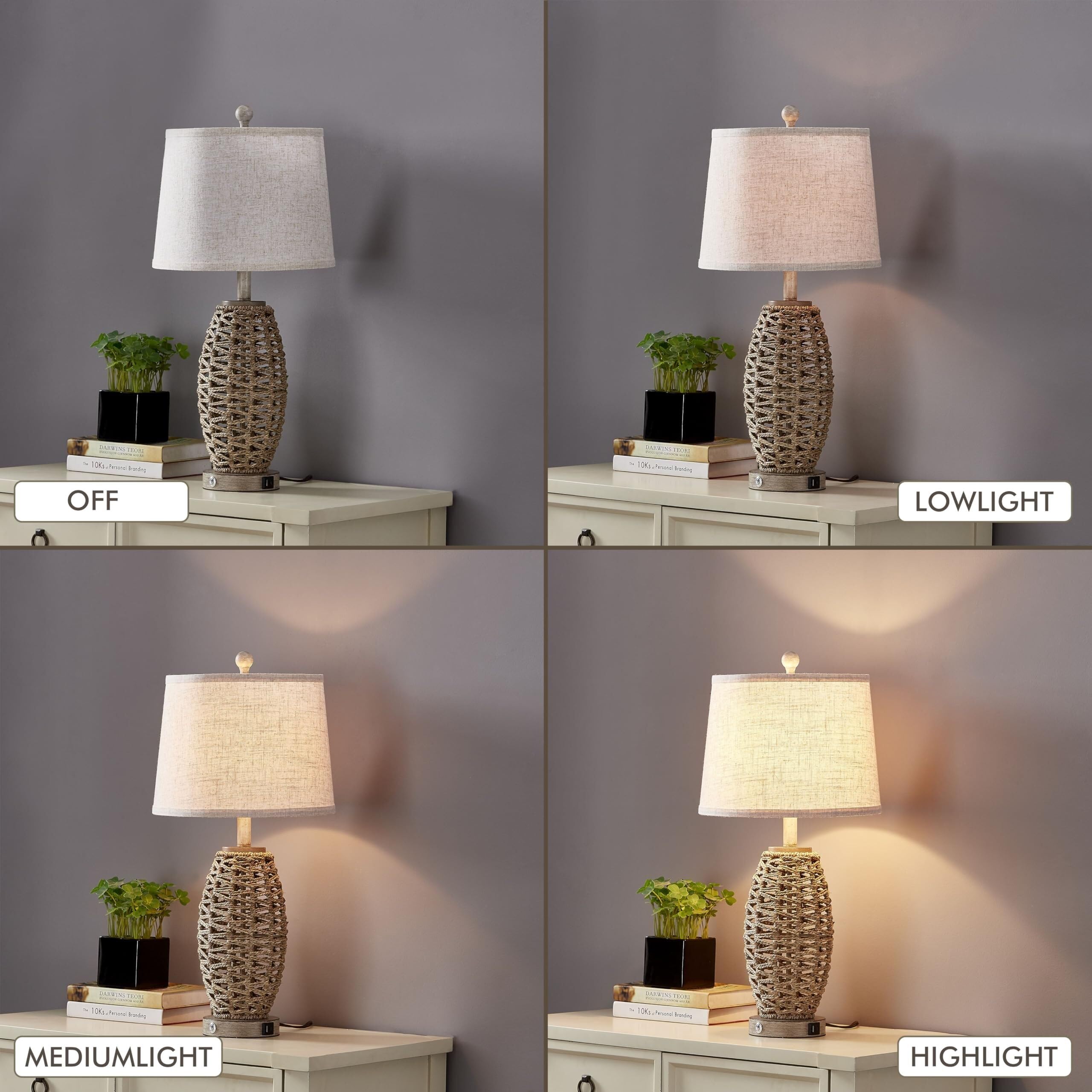 XANAYXWJ Zestaw 2 lamp stołowych z naturalnego rattanu, możliwość przyciemniania w 3 kierunkach, port ładowania, klosz w kolorze płatków owsianych, sypialnia, 2 sztuki w zestawie. Nadaje się do