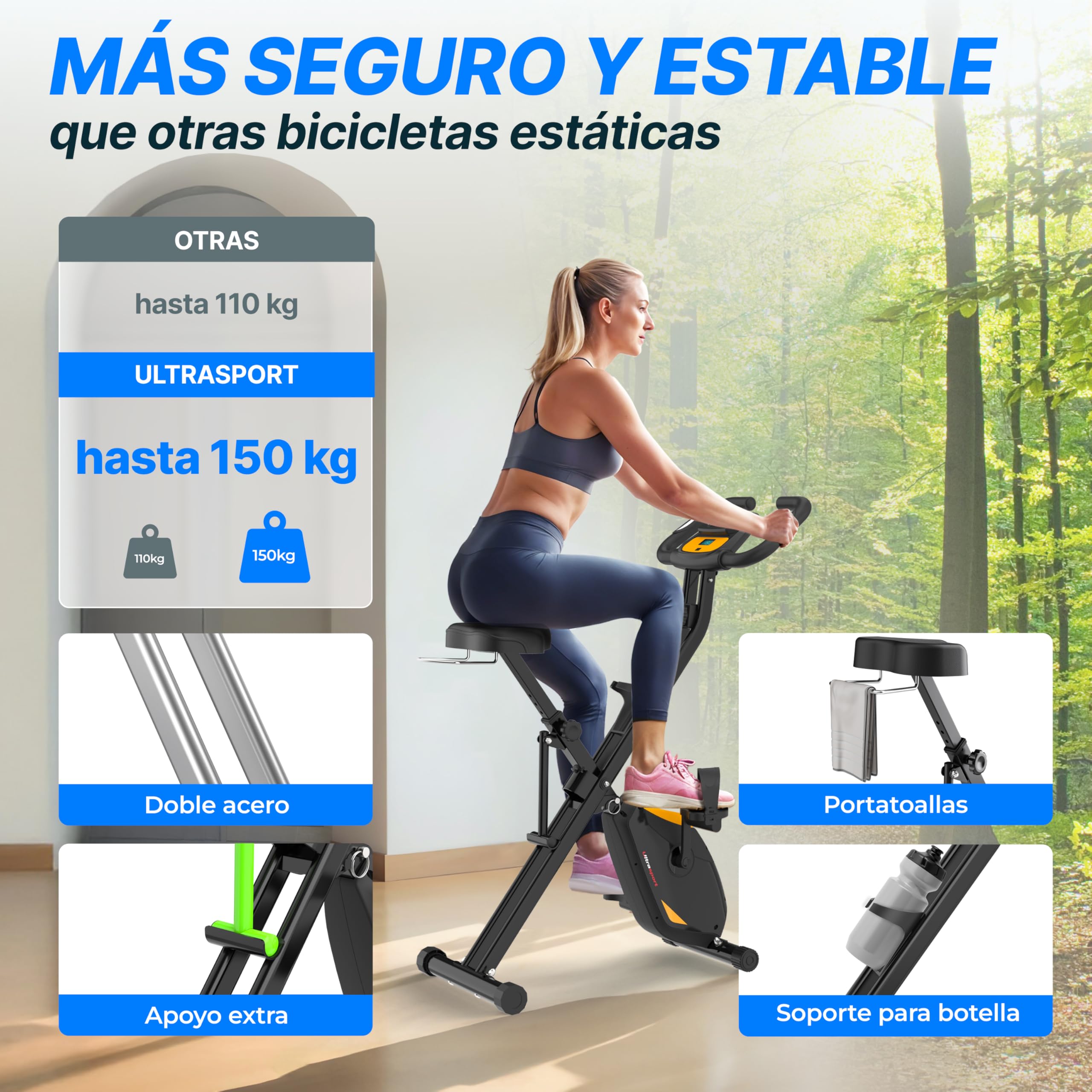 Ultrasport F-Bike Pro Bicicleta Estática Plegable hasta 150 KG, con 16 Niveles, Sillín Cómodo, Función con App, Extra Silenciosa I Bici Estática Plegable Indoor, Bicicletas Estáticas