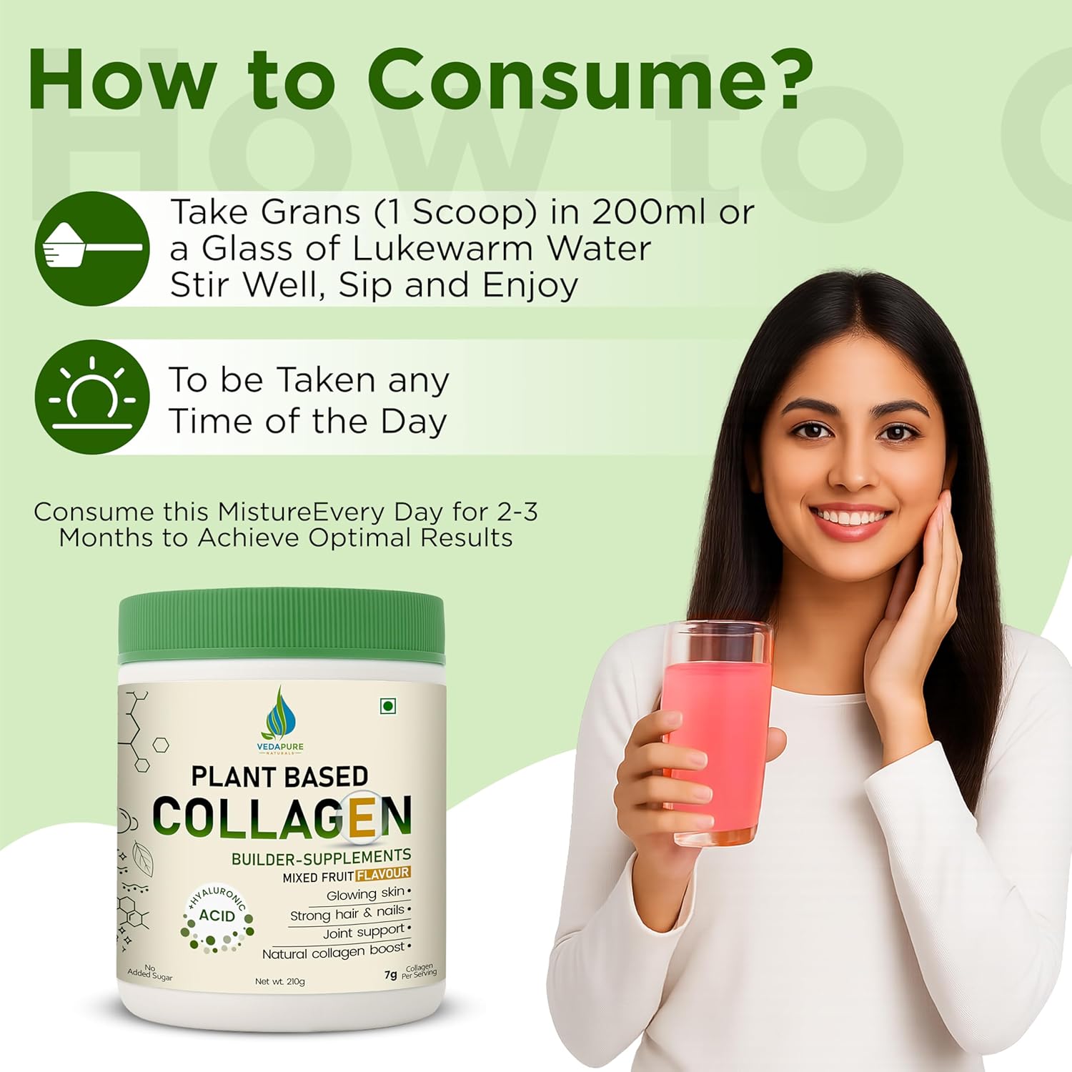 VEDAPURE Plant Collagen Peptides Powder | 7.05 oz Plant Based Vegan Organic Powder peptide Drink Mix with Hyaluronic Acid, Biotion, Vitamin E & C, Healthy Skin, Joints, Hairs, Nails