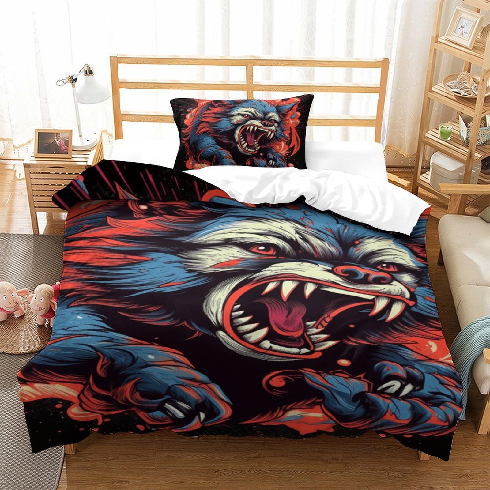 Housse de couette loup 3D respirante et parure de lit microfibre super douce