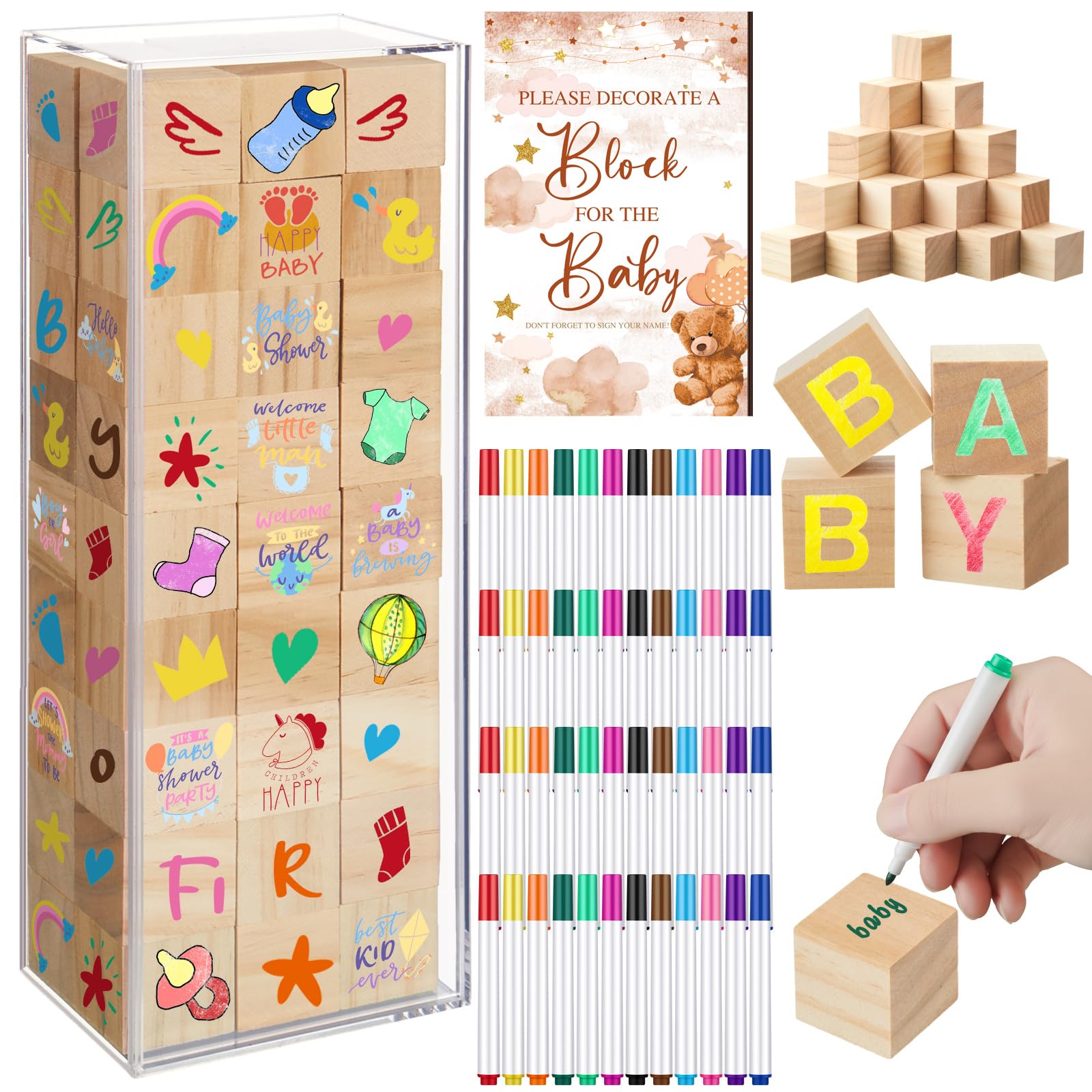 Tenceur 104 Pcs Brown Bear Baby Shower Games Baby Shower Prize for Game Winners Including Decorate a Block Game Sign with Box 54 Pcs DIY Blank Wooden Block 48 Pcs Pen