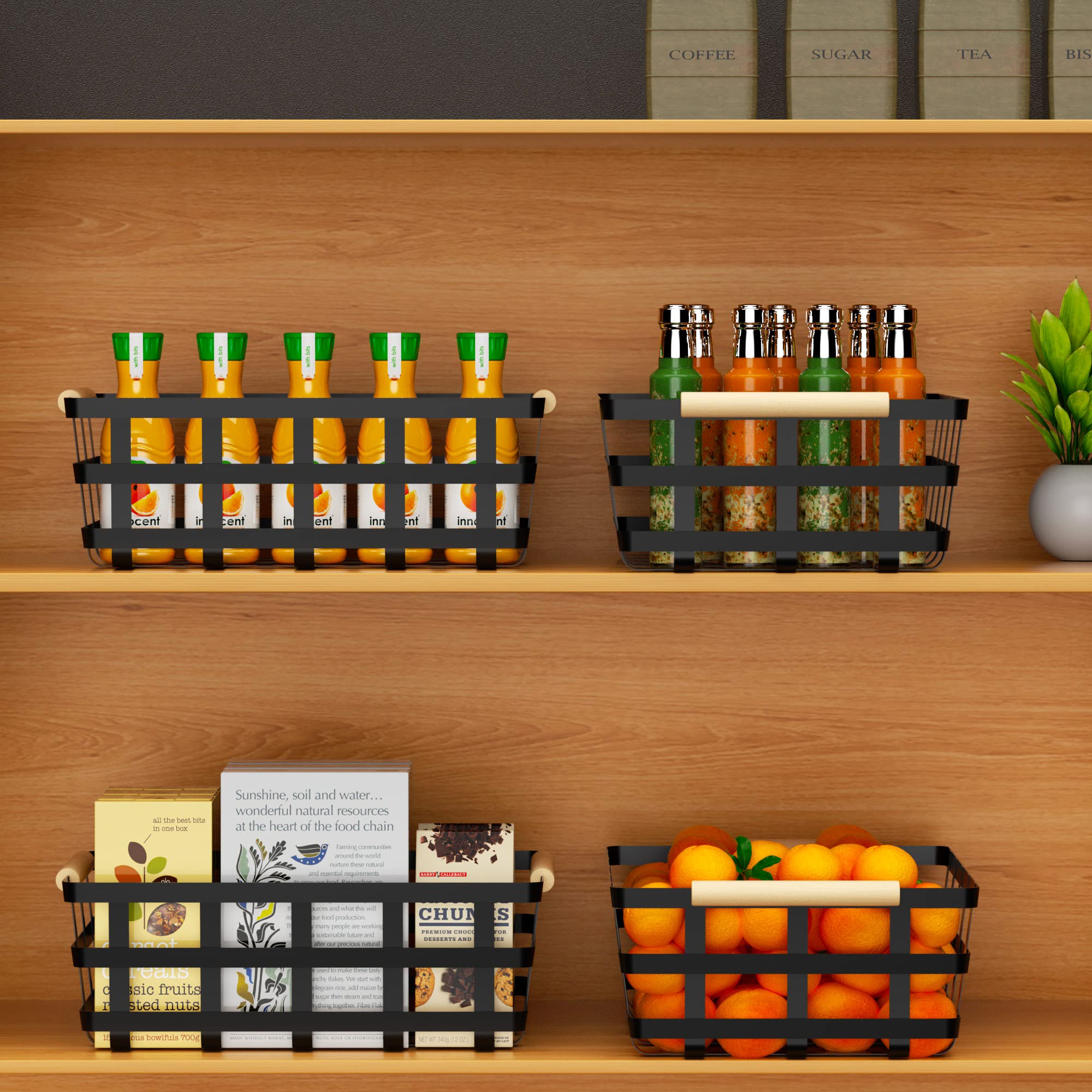 Farmhouse Baskets Wood Handle Pantry Organizer, Metal Bins for Kitchen Shelf Cabinets, Matte Black, 2 Pack