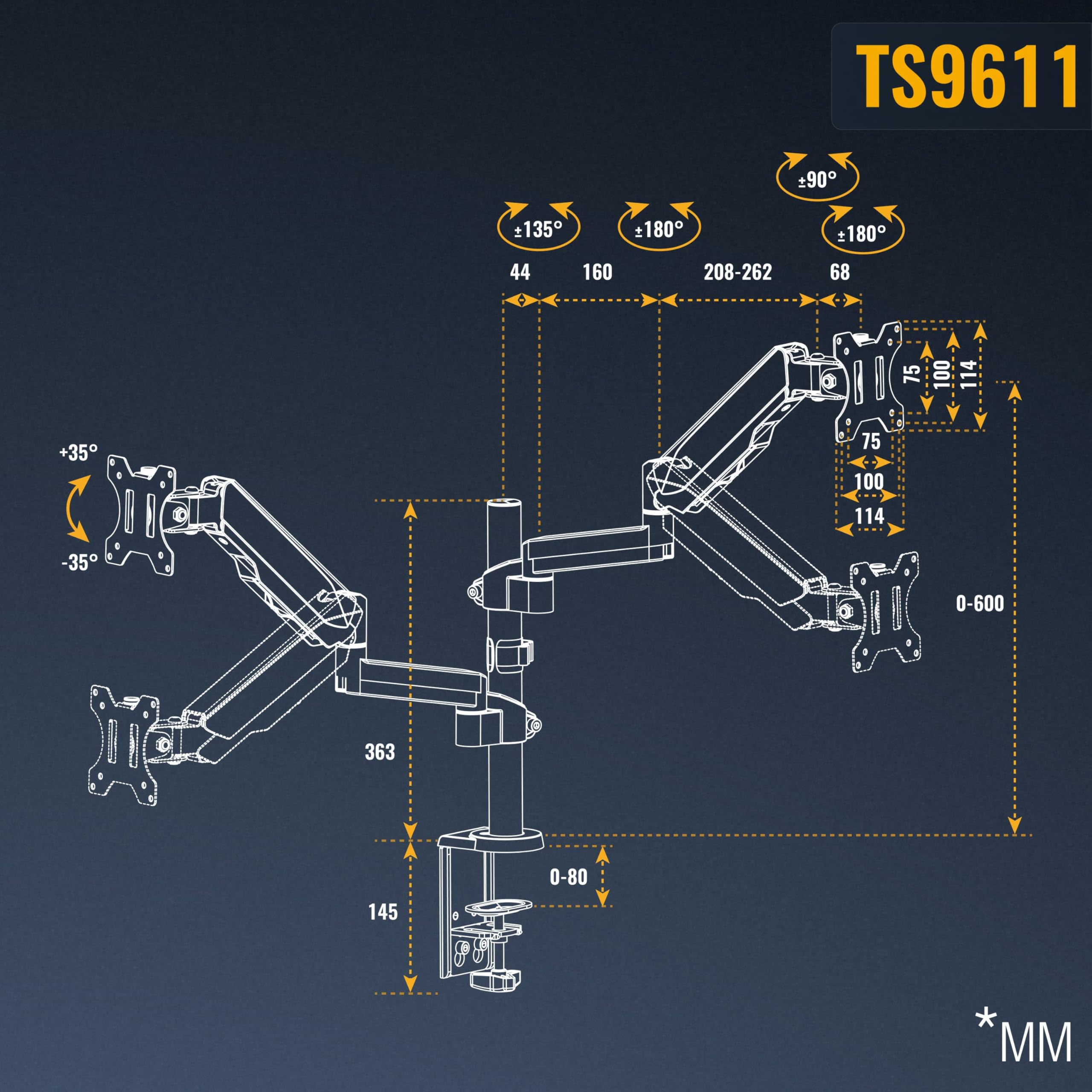 RICOO TS9611 Supporto monitor da scrivania 13-32 pollici per 13 32 pollici girevole inclinabile fino a 8 kg max VESA 100x100