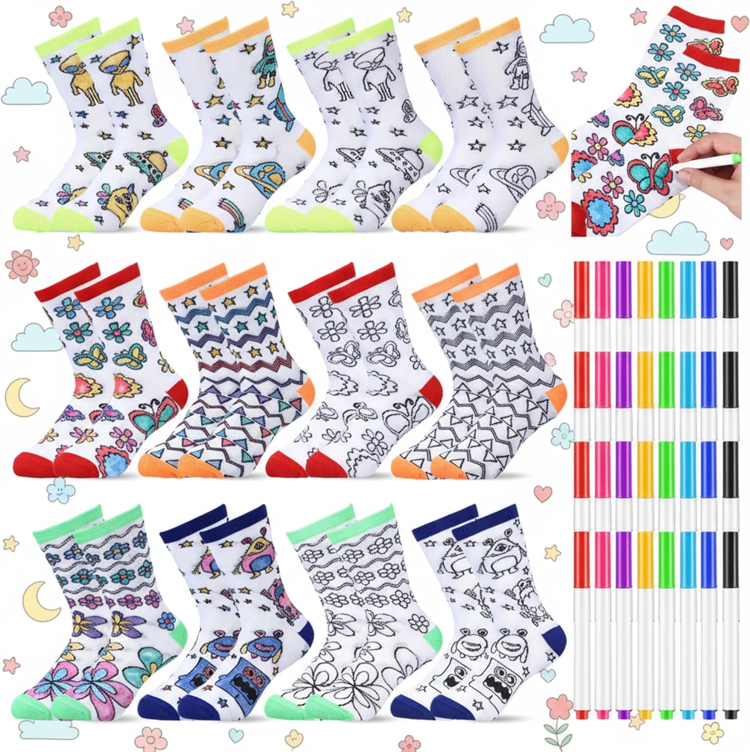 12 Pairs Doodle Socks Color Your Own Socks DIY Drawing Craft Arts with 48 Pcs Markers