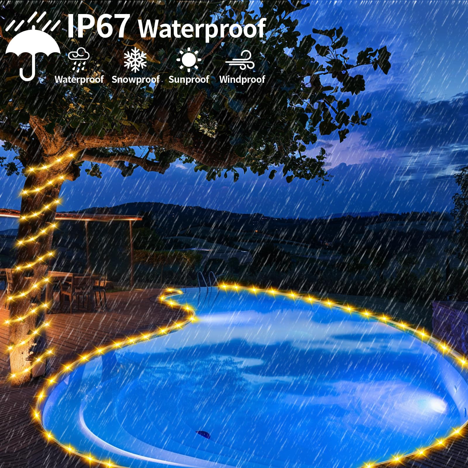 Tira de luces solares de tubo más grueso de 98 pies con control remoto para jardín, blanco cálido, IP67, 300 LED, tira de luces solares para exteriores, impermeable, para patio, árbol, vacaciones