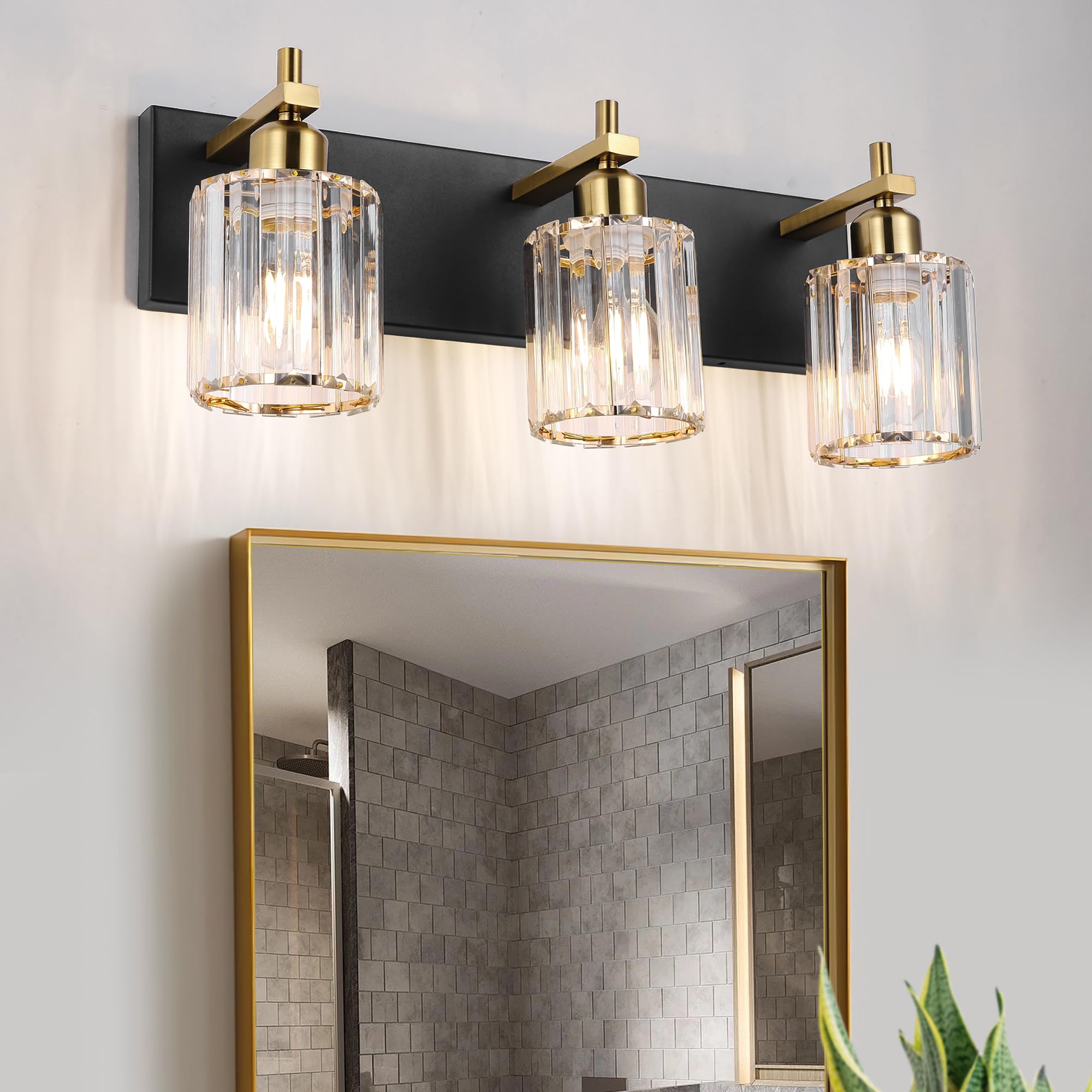 Black and Gold Crystal Bathroom Vanity Lights, 3-Lights Bathroom Light Fixture Over Mirror, 20 Inch Modern Farmhouse Vanity Light, Brass Gold Bath Wall Sconce for Bath Mirror Kitchen Hallway Cabinet