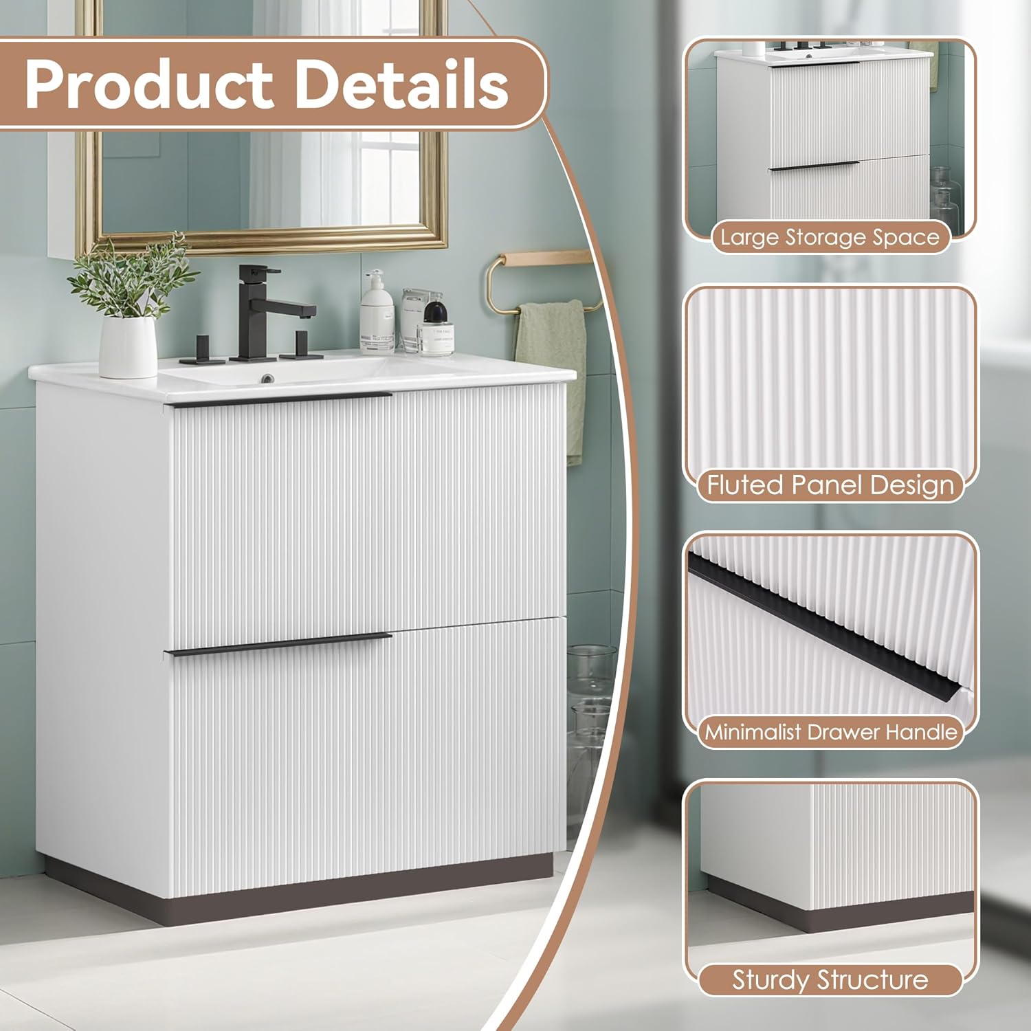 30 Inch Bathroom Vanity with Ceramic Sink, Wood Bathroom Sink Cabinet with 2 Drawers, Freestanding Bathroom Vanity with Sink for Small Bathroom, Easy Assembly, White