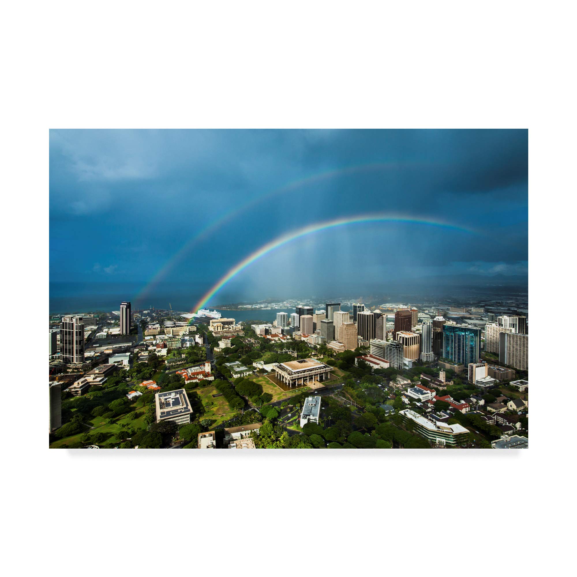 Trademark Fine Art Downtown Honolulu Double Rainbow by Cameron Brooks, 22x32-Inch Fine Art, Multicolor