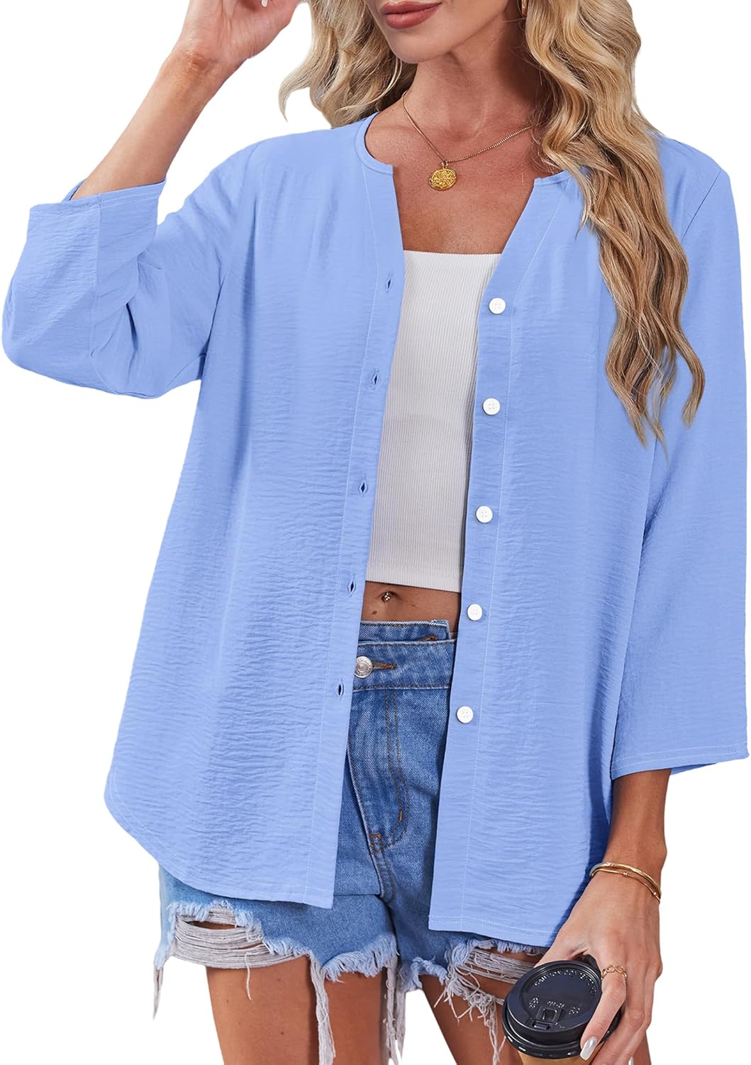 OFEEFAN Button Down Shirts for Women 3/4 Length Sleeve Tops V Neck Blouses Business Casual Outfits Loose Fit thumbnail