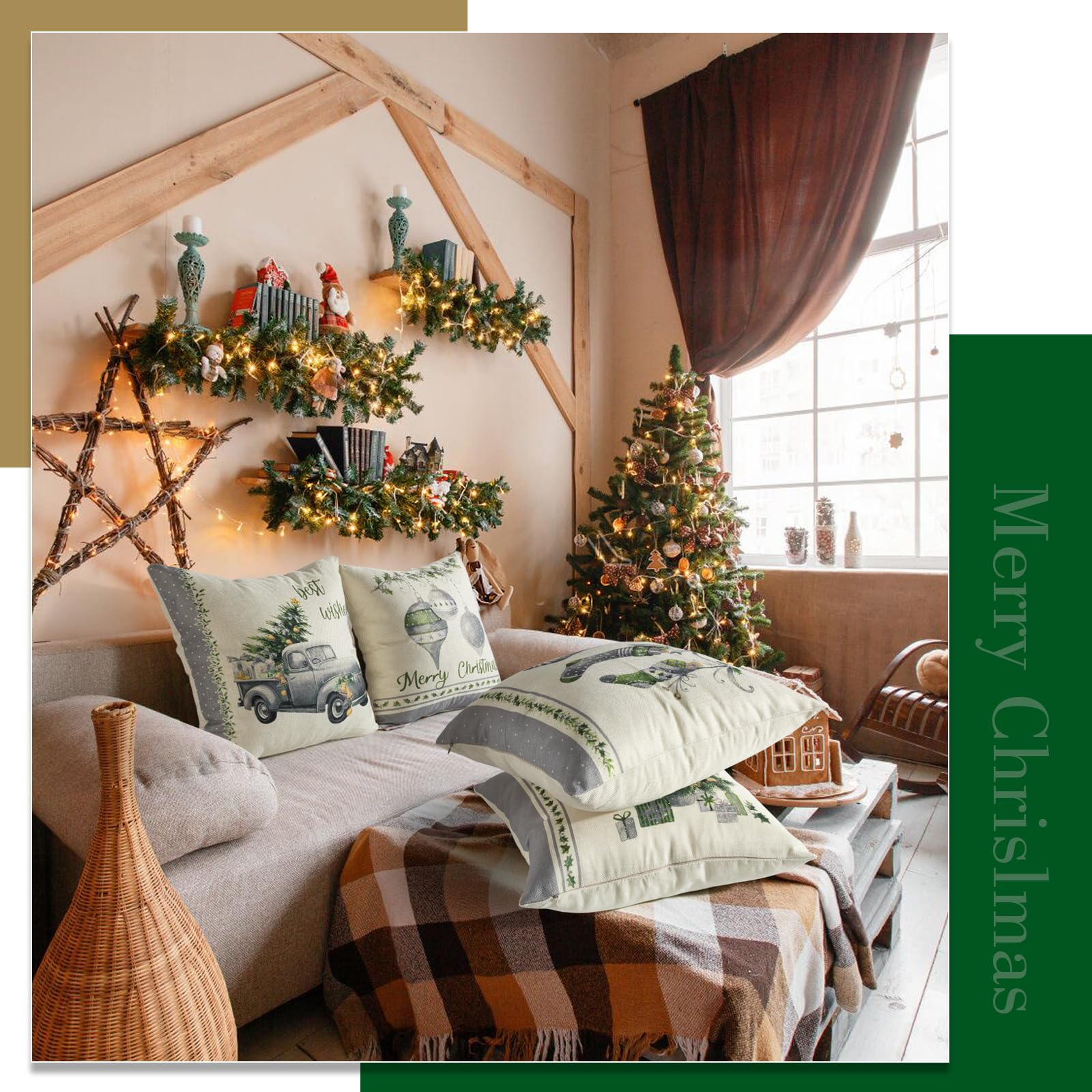 Natale Cuscino,Cuscini natalizi per Divano,4 Pcs Copricuscini Natalizi,Cuscino Natalizio,Federe Cuscini Natalizi,Cotone e Lino Biancheria Cuscini,per Divano per Natale Decorazioni ( 45 x 45 cm