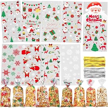 Christmas Cookie Bags Pack of 120 Christmas Biscuit Bags 9 Styles Gift Bags Cellophane Bags Christmas Bags for Filling Sweets Christmas Bags with Twist Ties
