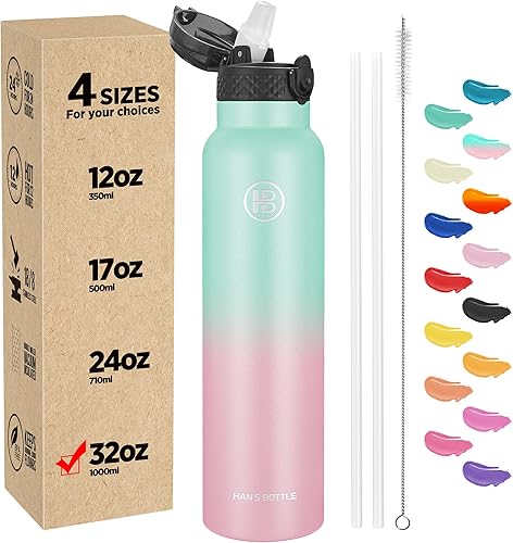 Han's Bottle Botella de agua deportiva de 32 onzas, tapa con pajilla, a prueba de fugas, acero inoxidable aislado al vacío, doble pared, taza