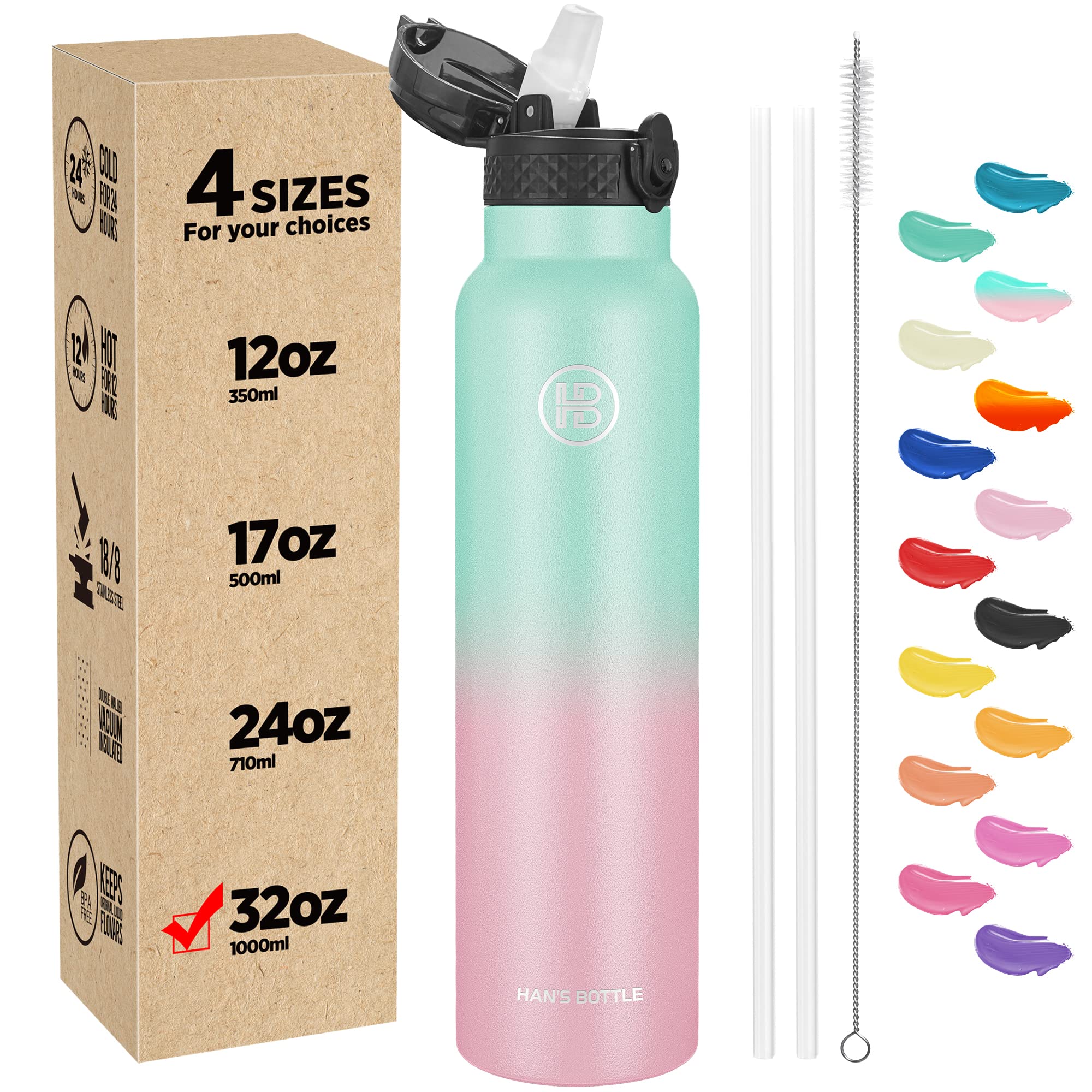 Han's Bottle Sports Water Bottle - 32 Oz, Straw Lid, Leak Proof, Vacuum Insulated Stainless Steel, Double Walled, Thermo Mug,Bubble Gum