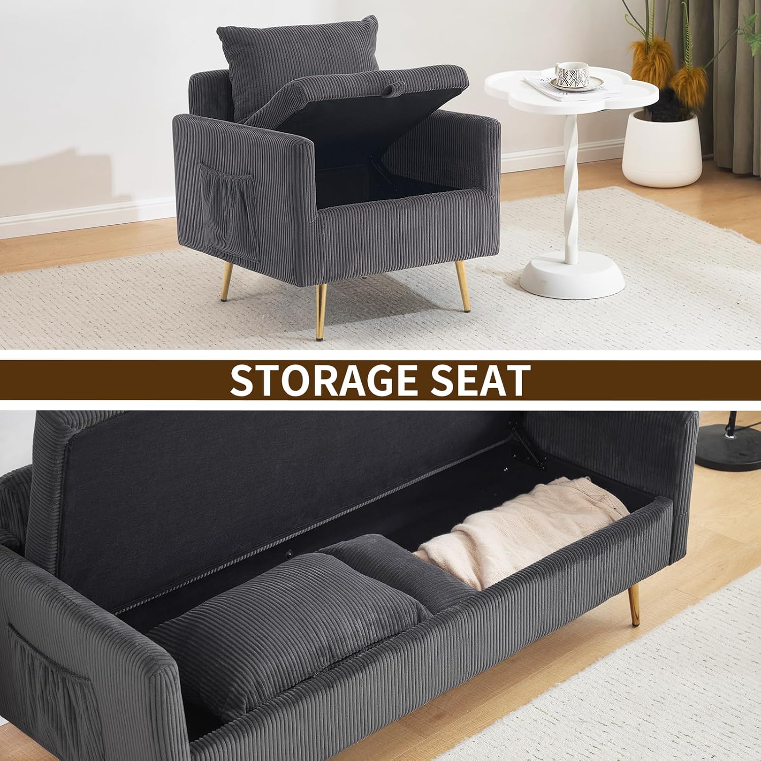 Furnimart 3-Piece Storage Sofa and Couch Set, Corduroy Loveseat with 2pc Accent Single Chairs, Small Living Room Furniture Set for Apartment, Tiny Homes and Lofts, 3PC-Gray