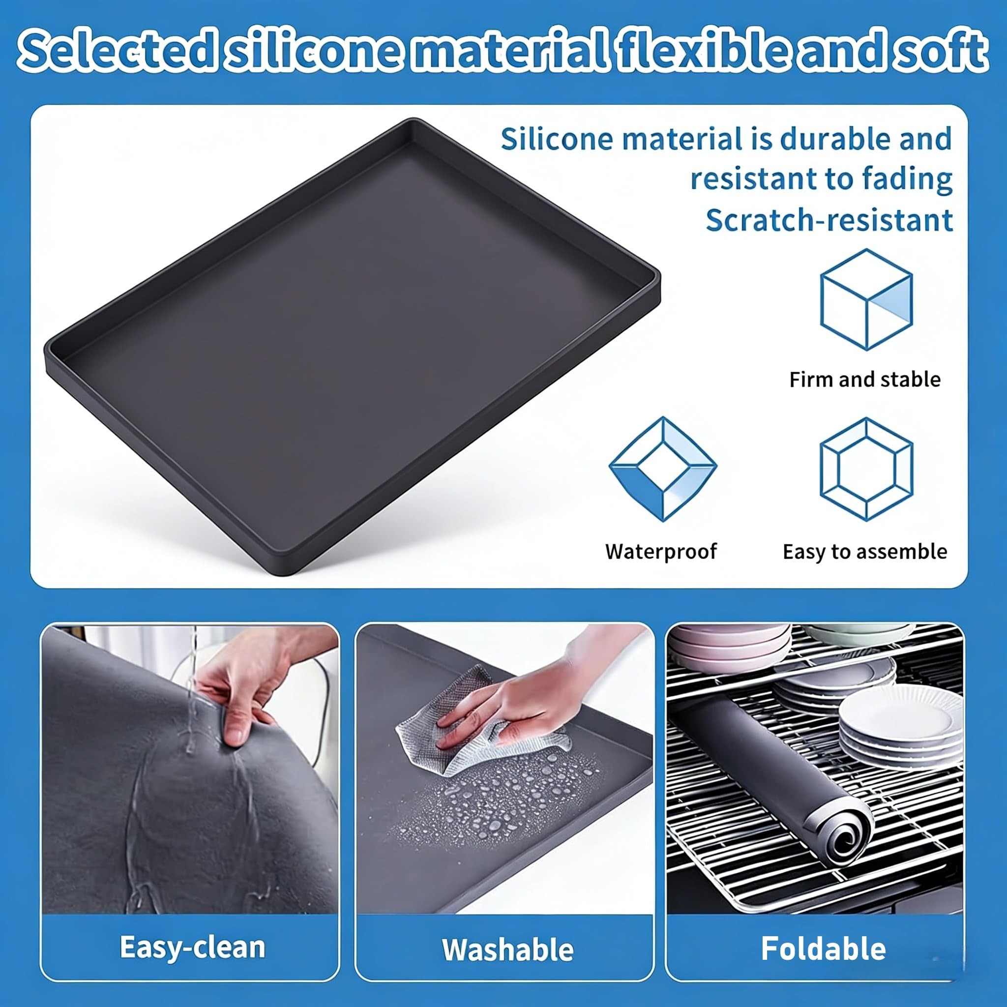 Silikonmatte für Waschmaschine, 68,6 x 68,6 cm, mit erhöhten Kanten, waschbare Oberseite, rutschfester Boden-Leckschutz, flexible weiche Pads für Waschküche und Küche (grau)