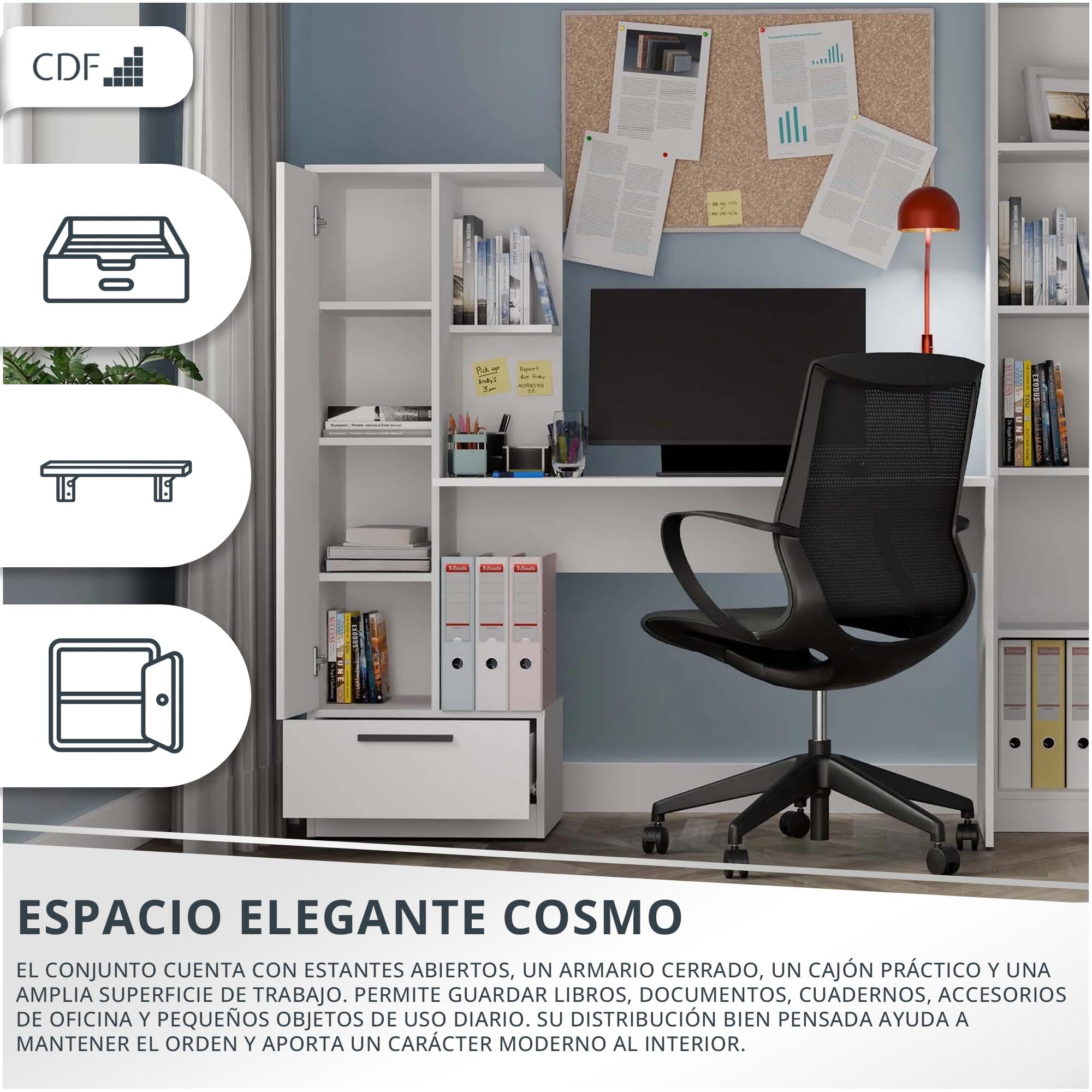 CDF Escritorio con Estantería Cajón 140cm 3 Estantes Gaming Teletrabajo Home Office Escritorio Ordenador Ergonómico Mesa Trabajo Habitación Juvenil Niños Dormitorio Guías Rodillos Blanco Tablero 16mm
