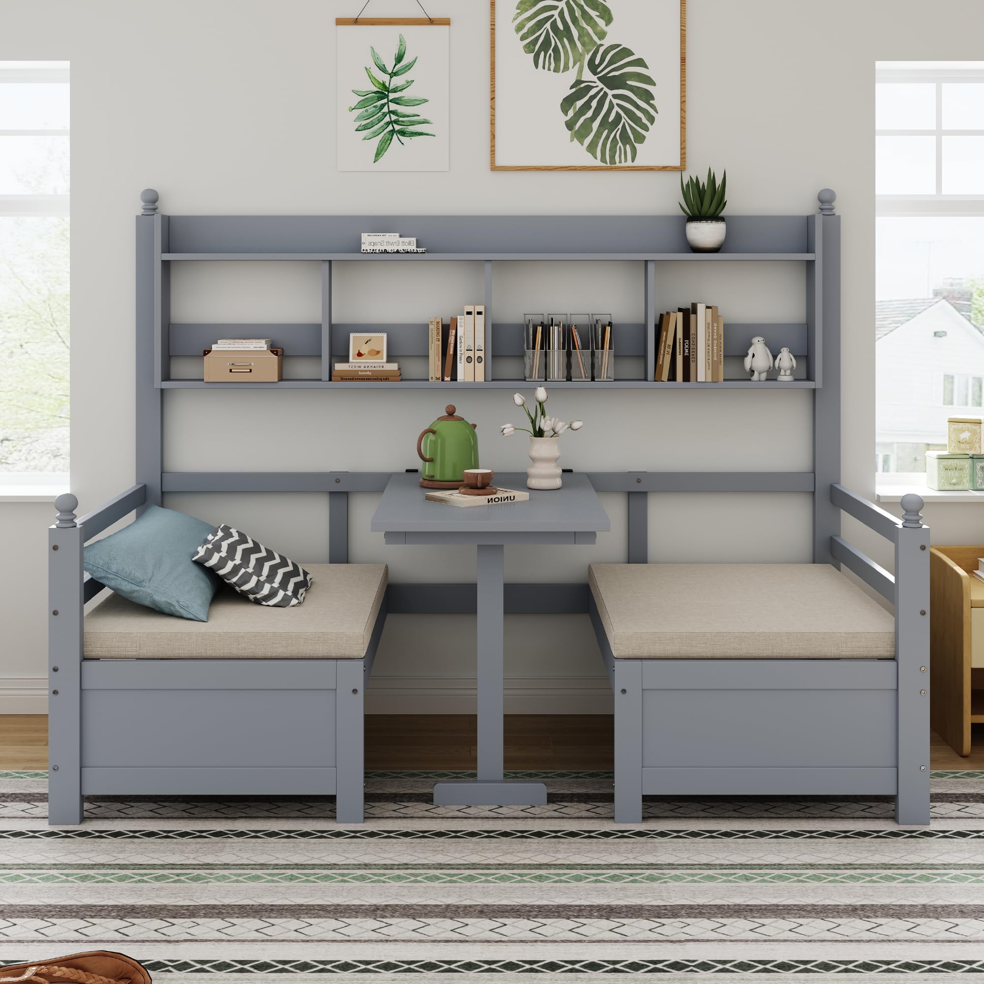 Multifunktionales Massivholz Schlafsofa 90x200, 2-in-1 Bett und Schreibtisch, Frei Umbaubar, Mit Bücherregal Zur Aufbewahrung, Mit Bequemen Kissen, Gästebett (Grau)