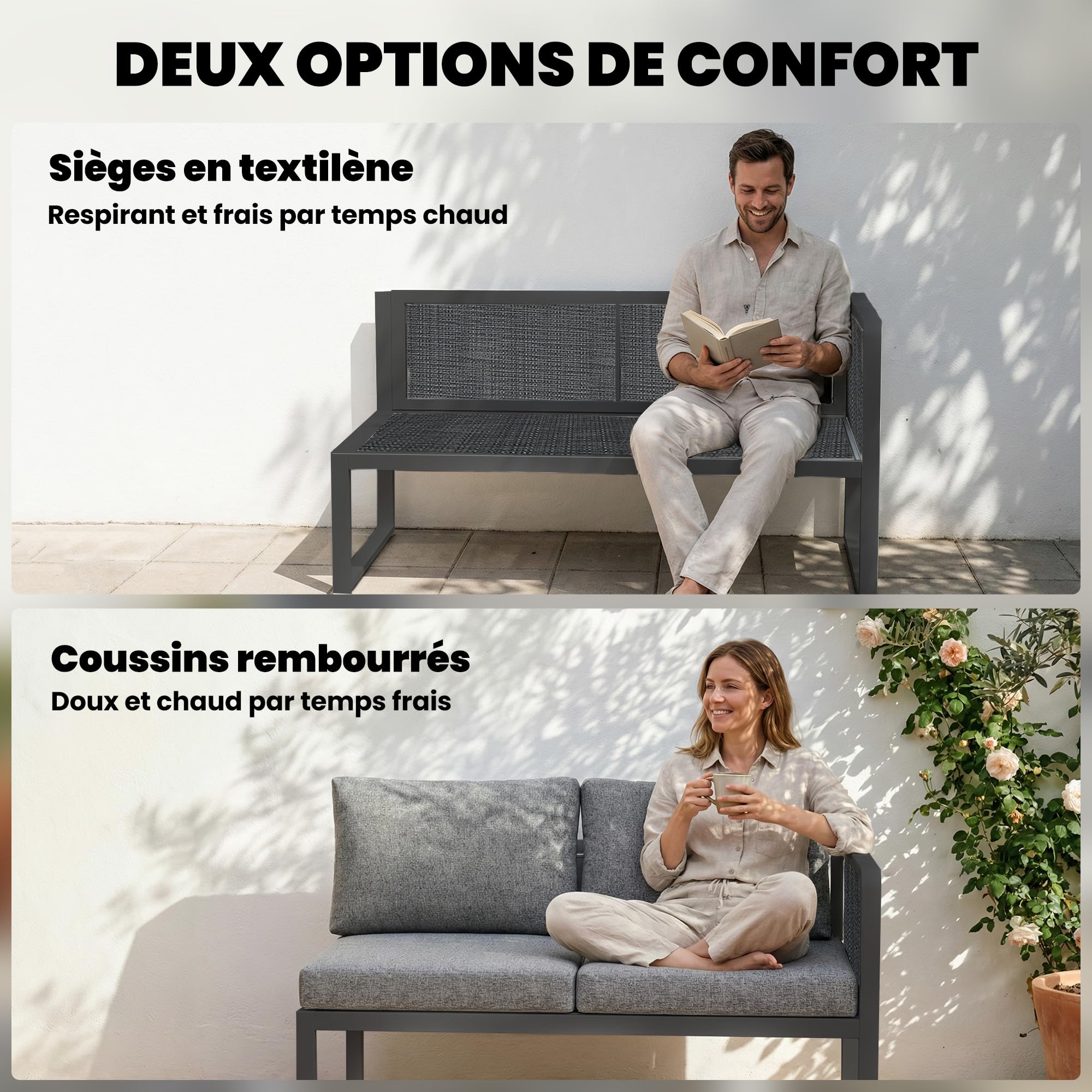 Outsunny Salon de Jardin Extérieur d'angle Modulable 6 Personnes Gris Foncé | Canapés, Table Basse à Lattes Effet Bois, Coussins, Structure en Métal et Textileline, Mobilier de Jardin Terrasse Balcon