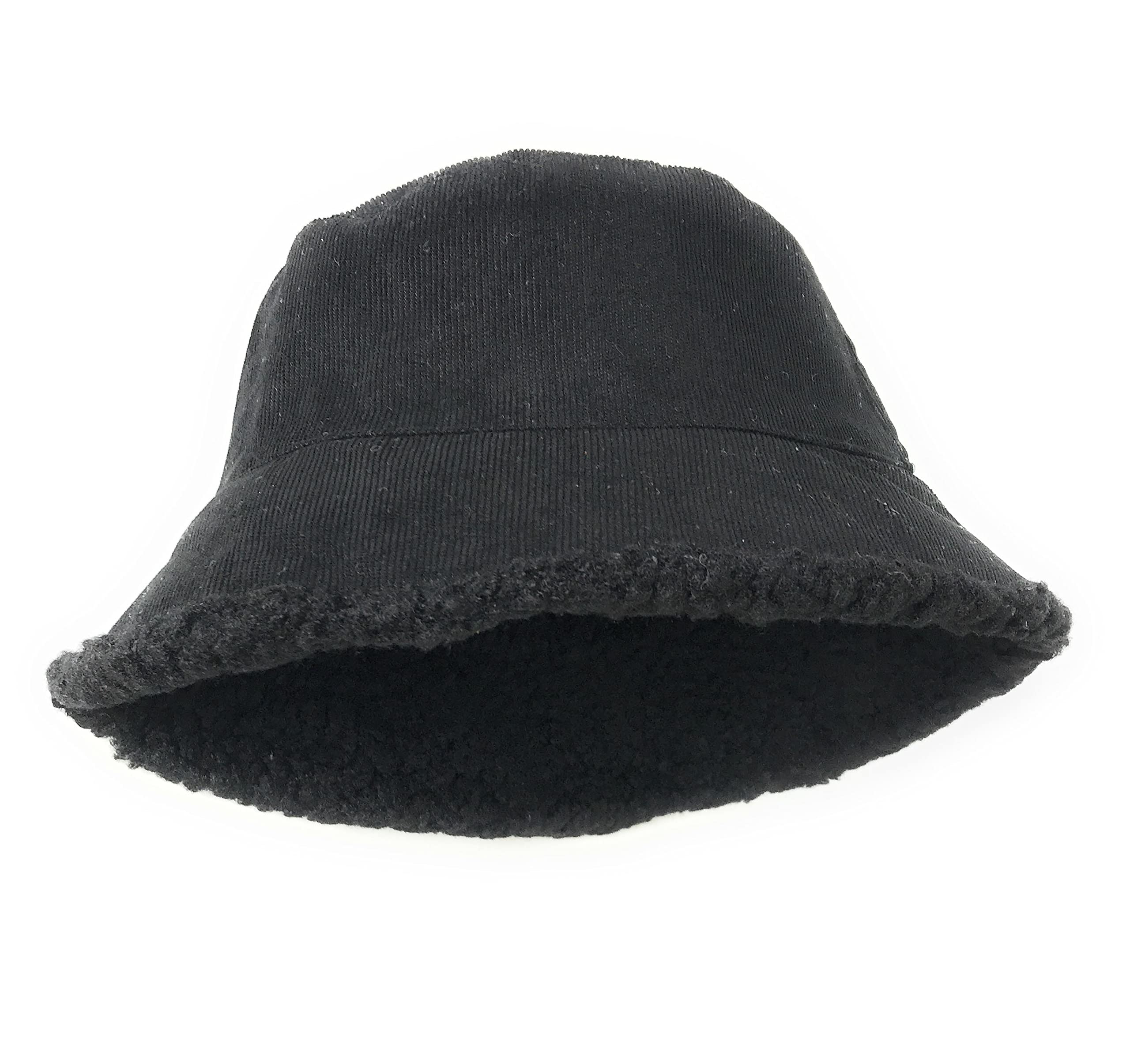 KGM Cool new Cord Bucket hat with Borg Teddy Bear Fleece Lining Men's Women's Hats (Black)